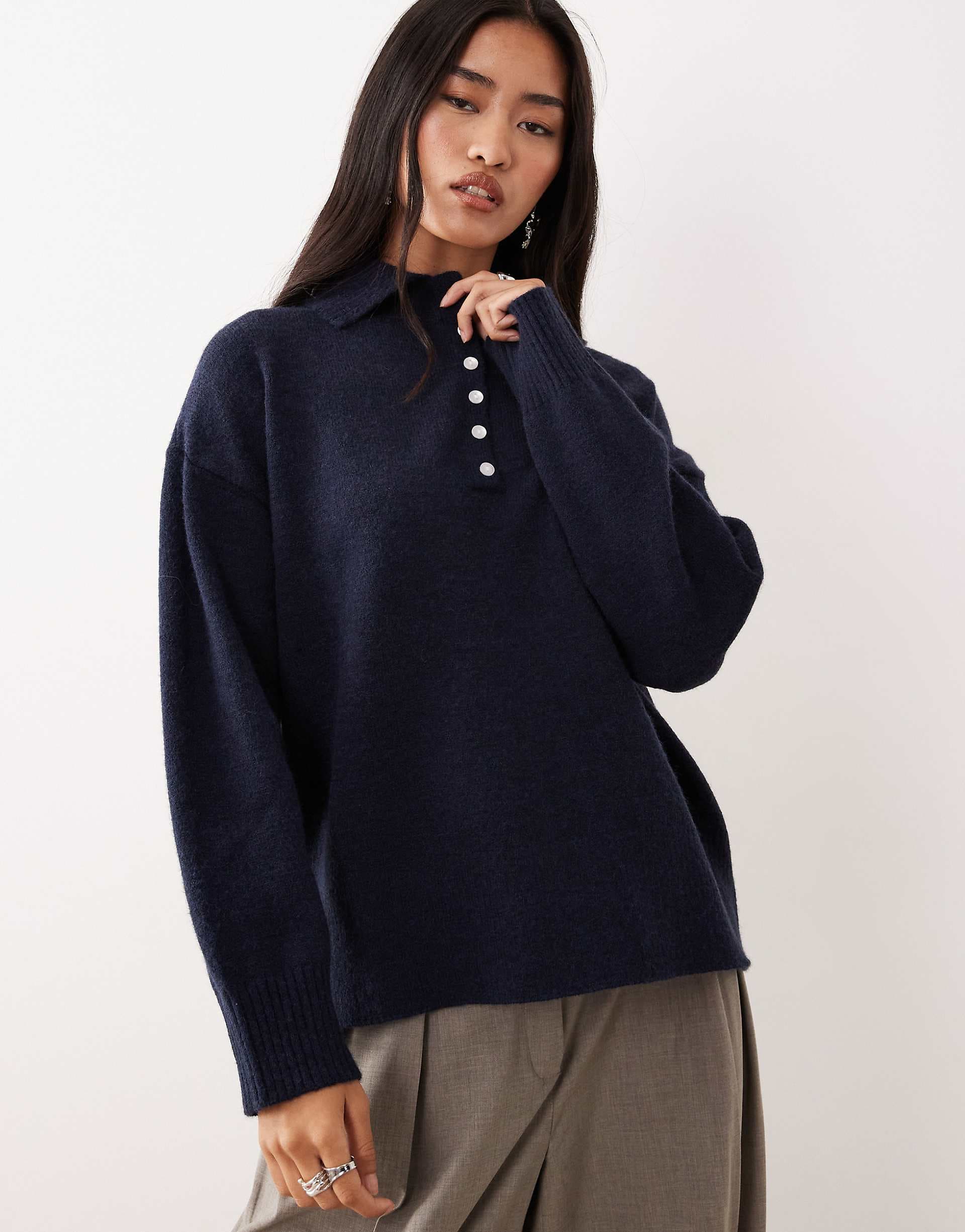 Pretty Lavish button placket relaxed knit polo sweater in navy