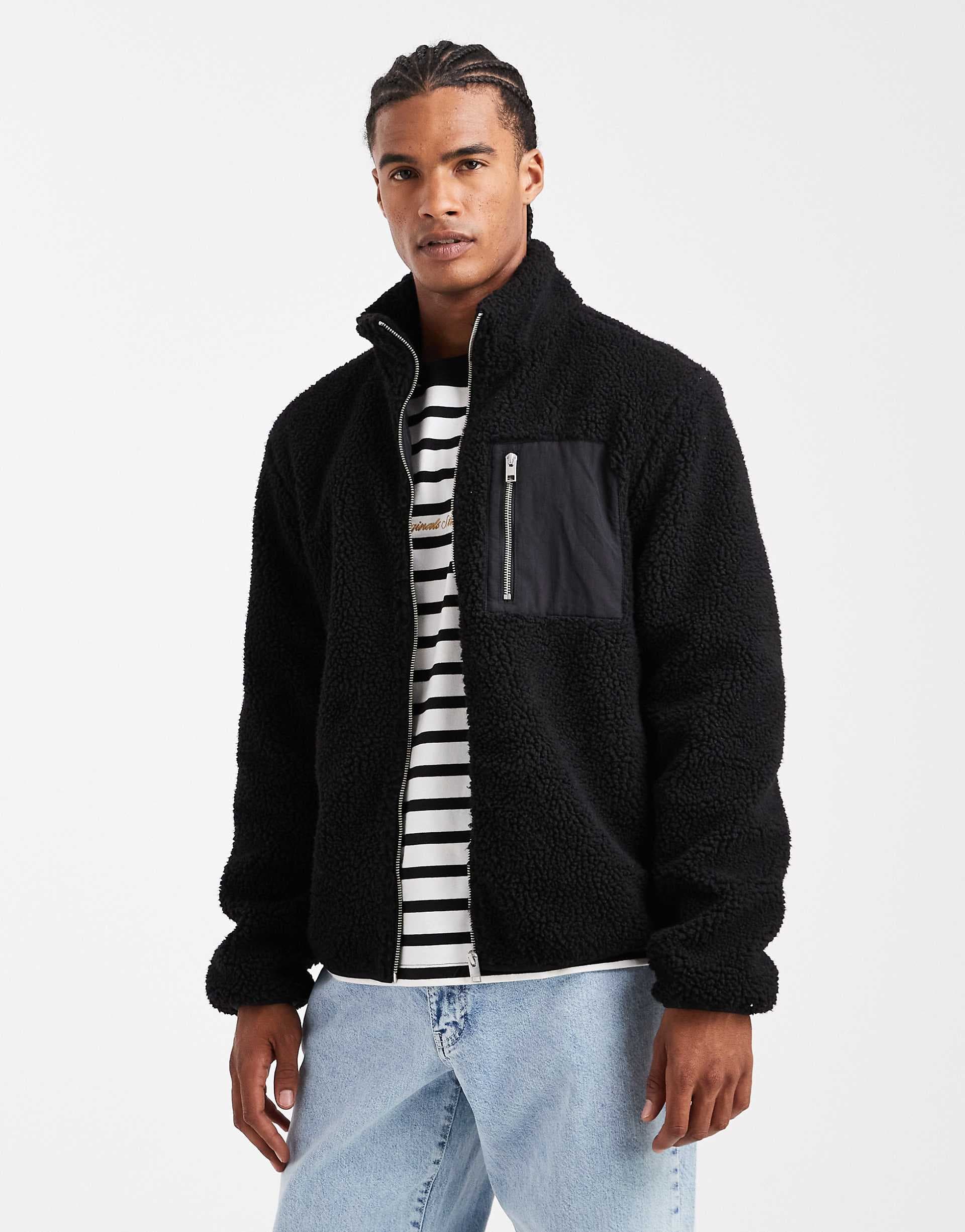 Jack & Jones fleece jacket with pocket in black