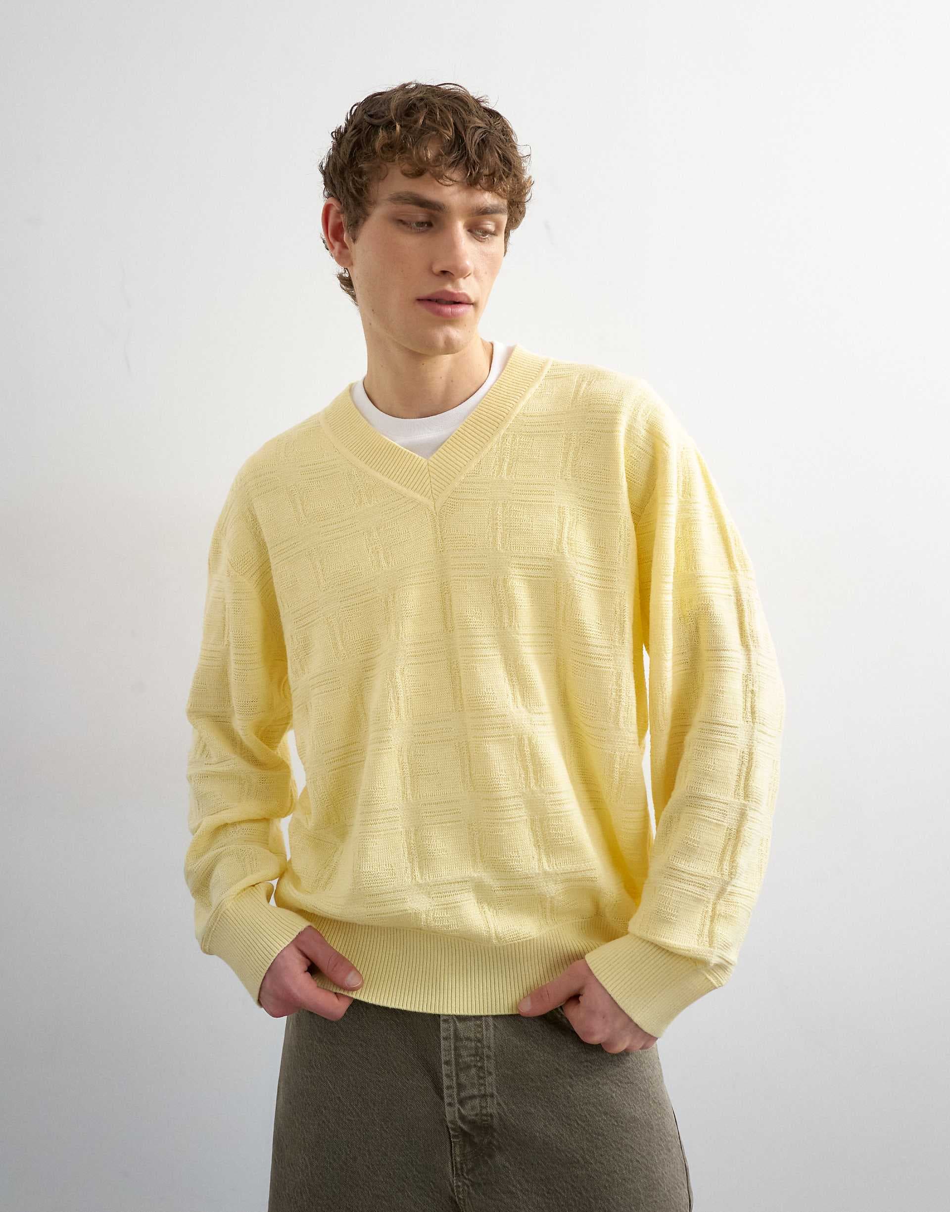 Topman relaxed fit knit v-neck sweater with texture in yellow