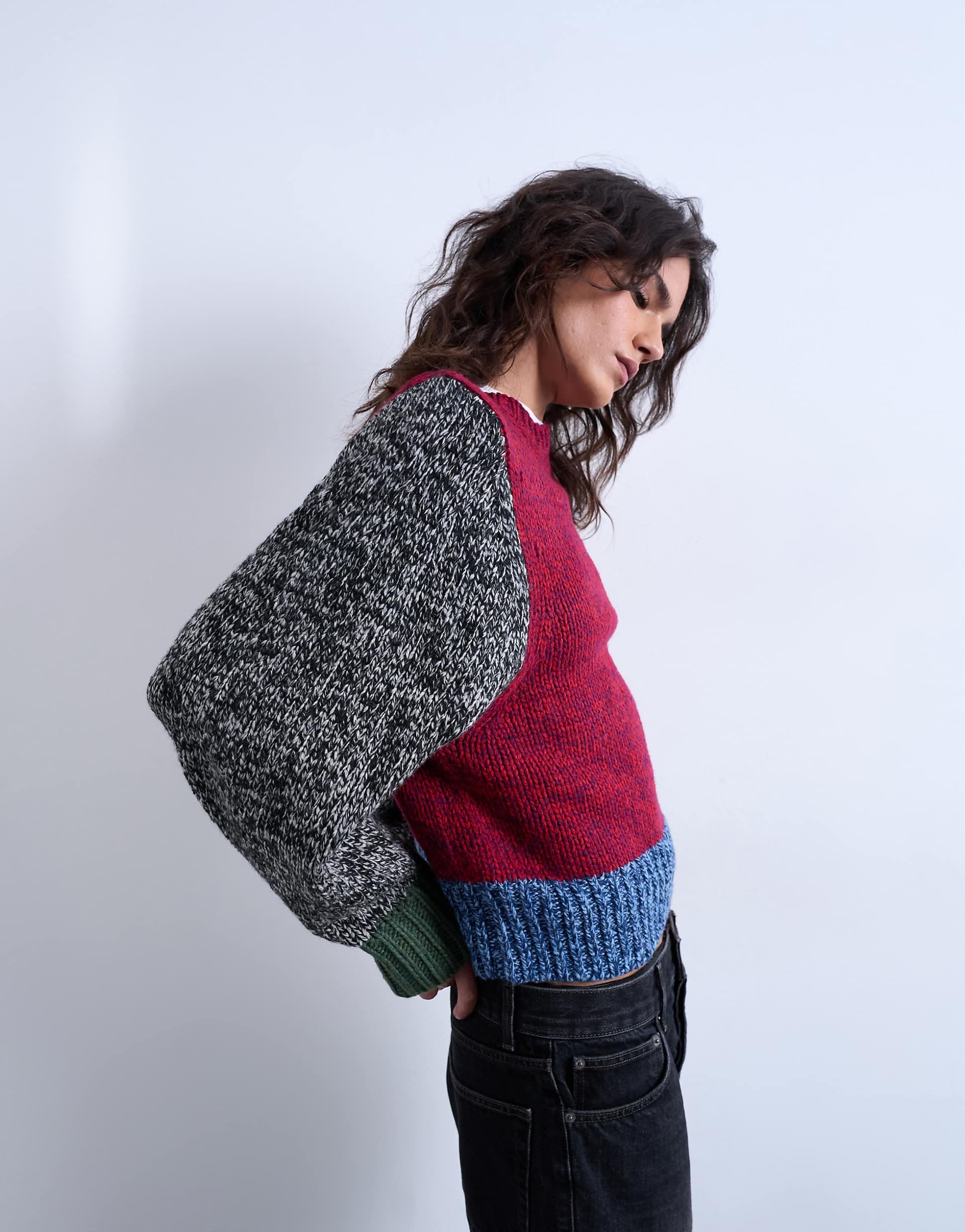 Topshop knit twist yarn patchwork volume sleeve sweater