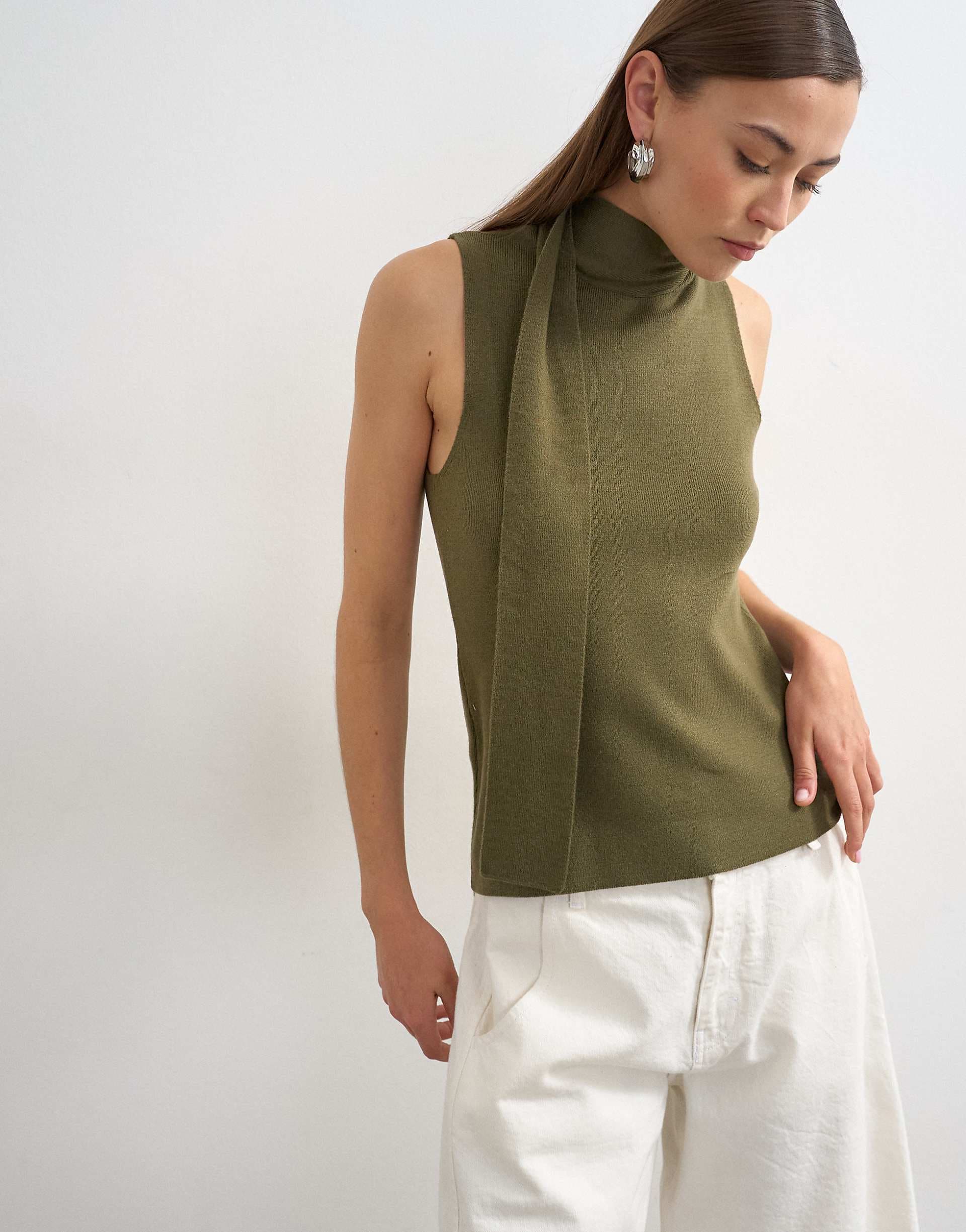Topshop knit drape scarf detail top in khaki