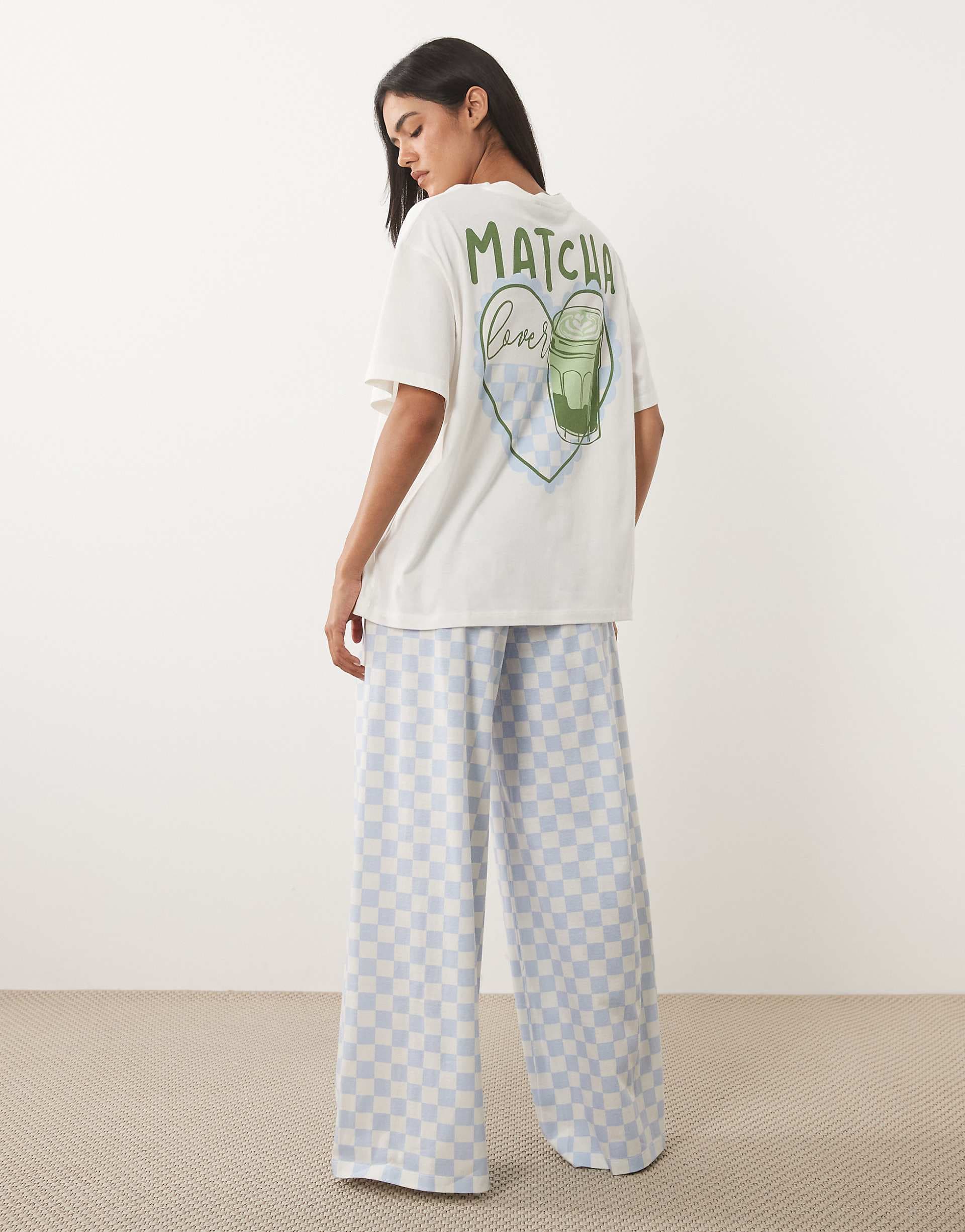 ASOS DESIGN oversized top and wide leg pants pajama set in matcha print