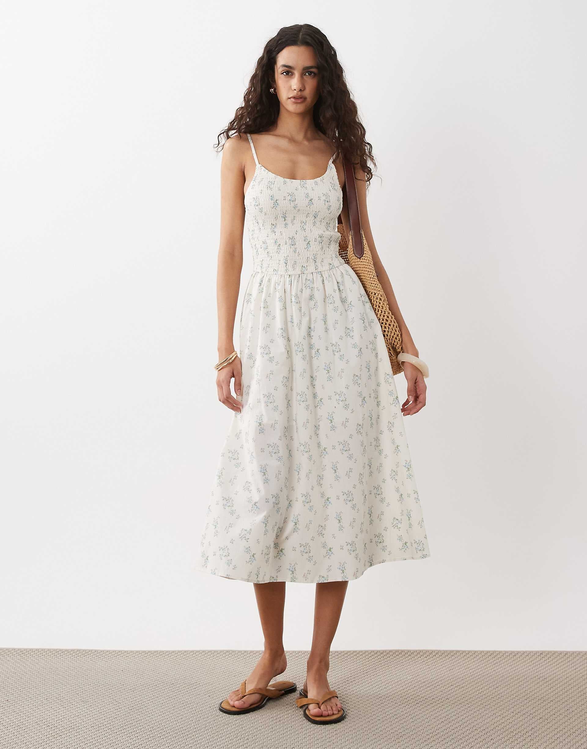 Cotton On Remy shirred midi dress in jenna ditsy creme fraiche