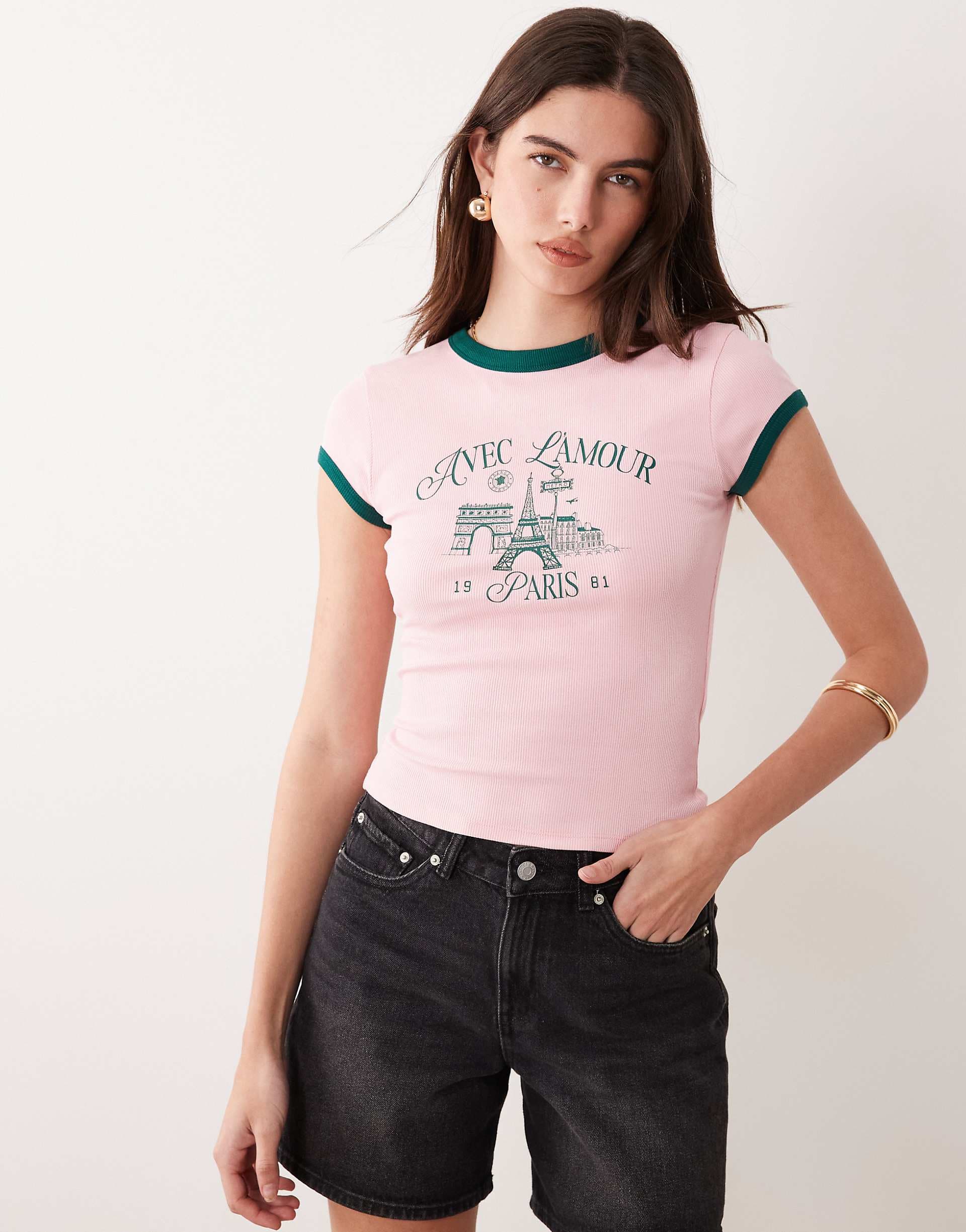 ASOS DESIGN ringer baby tee with Avec L'Amour Paris graphic in pink