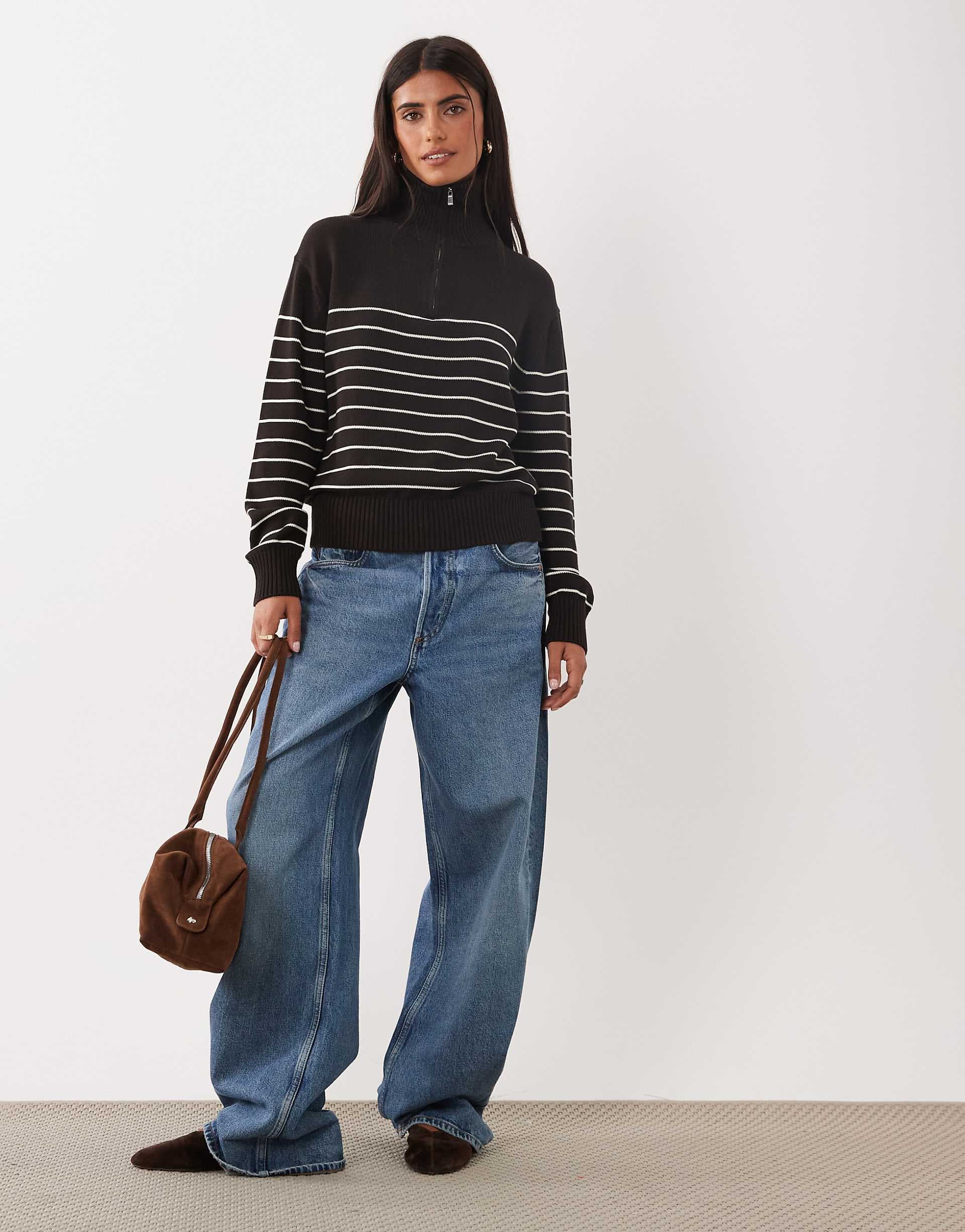 Mango quarter zip sweater in brown stripes