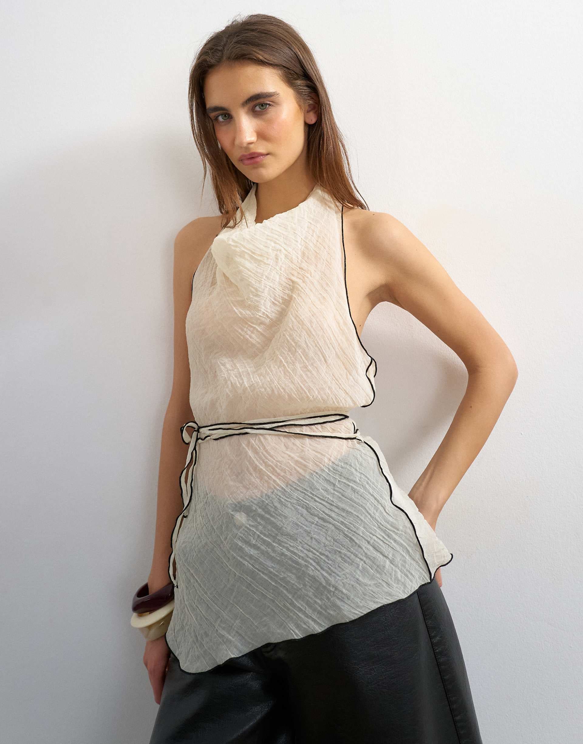 Topshop crinkle halter top with contrast trim in ecru - part of a set