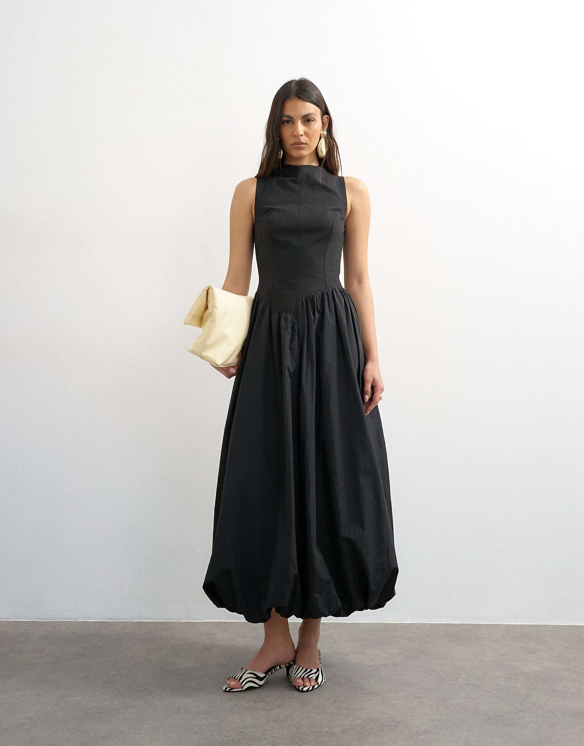 Topshop high neck asymmetric waist bubble hem midaxi dress in black