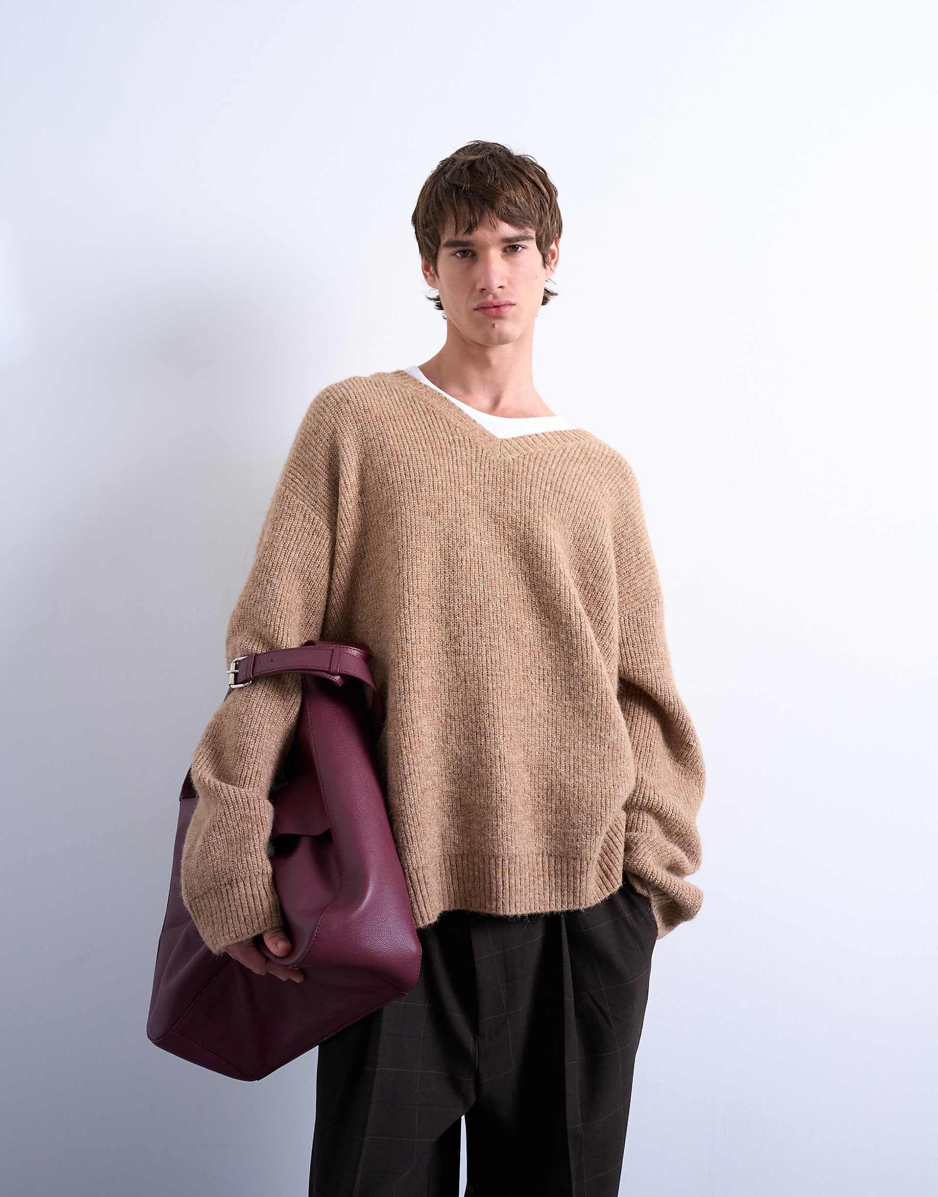 Topman oversized fit V-neck sweater in stone