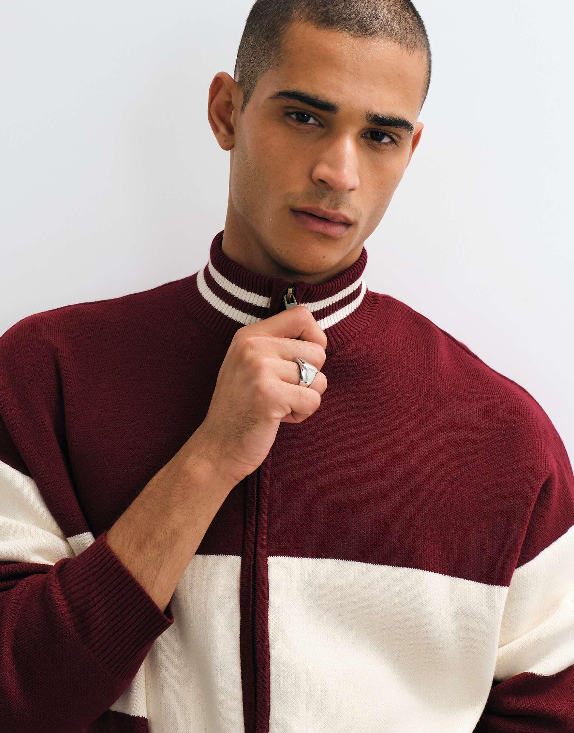 ASOS DESIGN oversized knit funnel neck zip up sweater with beige panel detail in red