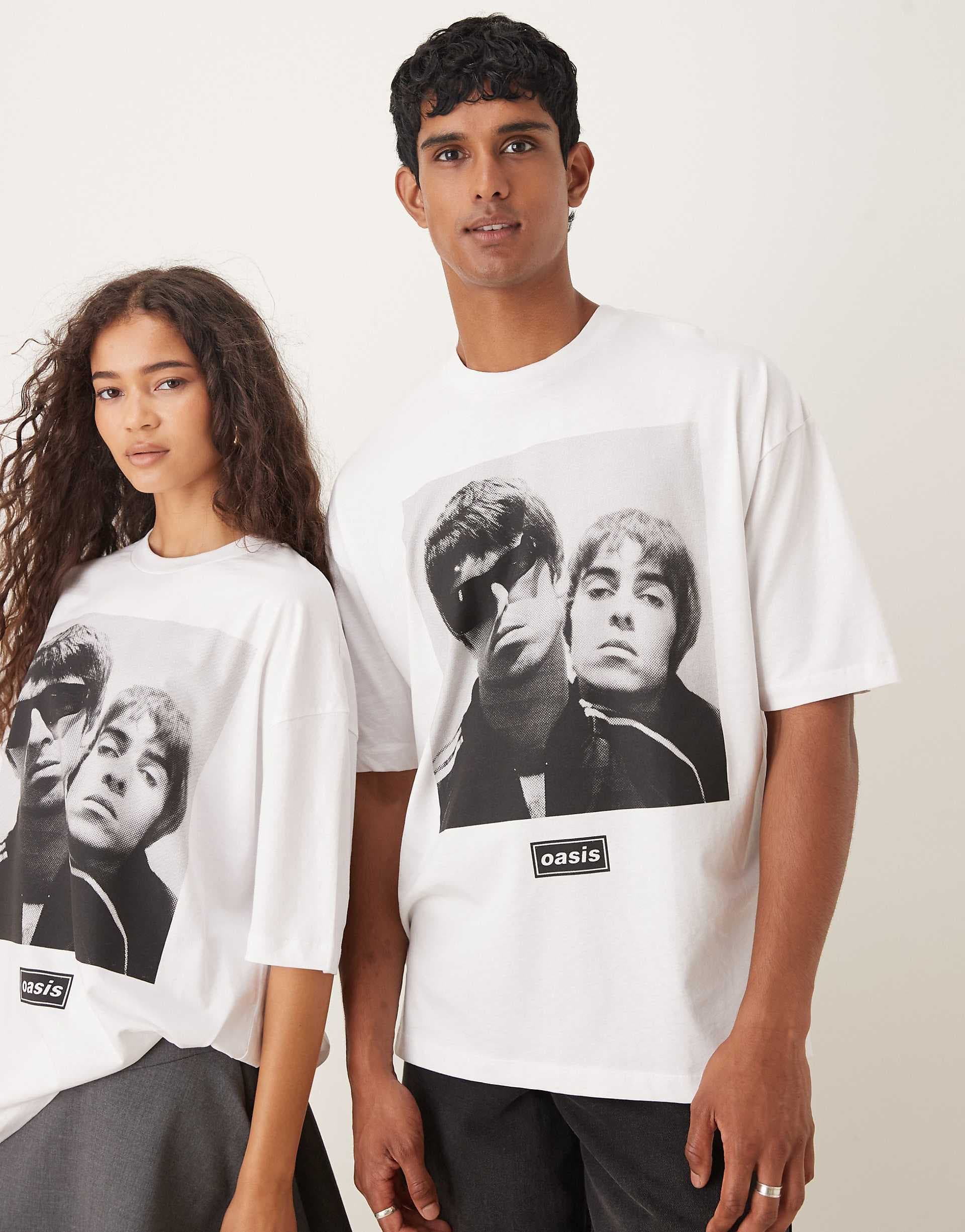 ASOS DESIGN oversized t-shirt with OASIS Liam and Noel prints in white