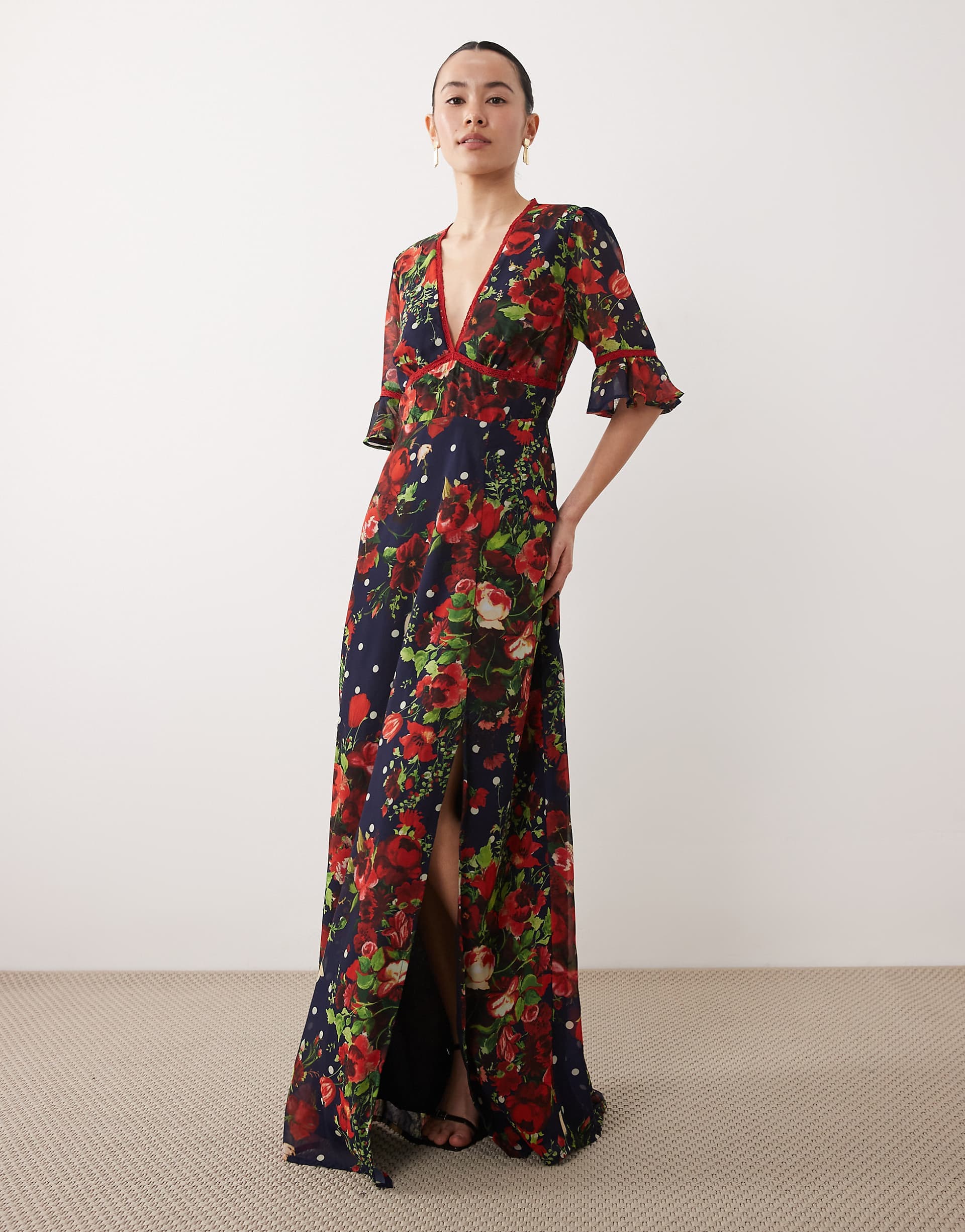 Hope & Ivy Petite frill sleeve thigh slit open back maxi dress in navy polka-dot floral