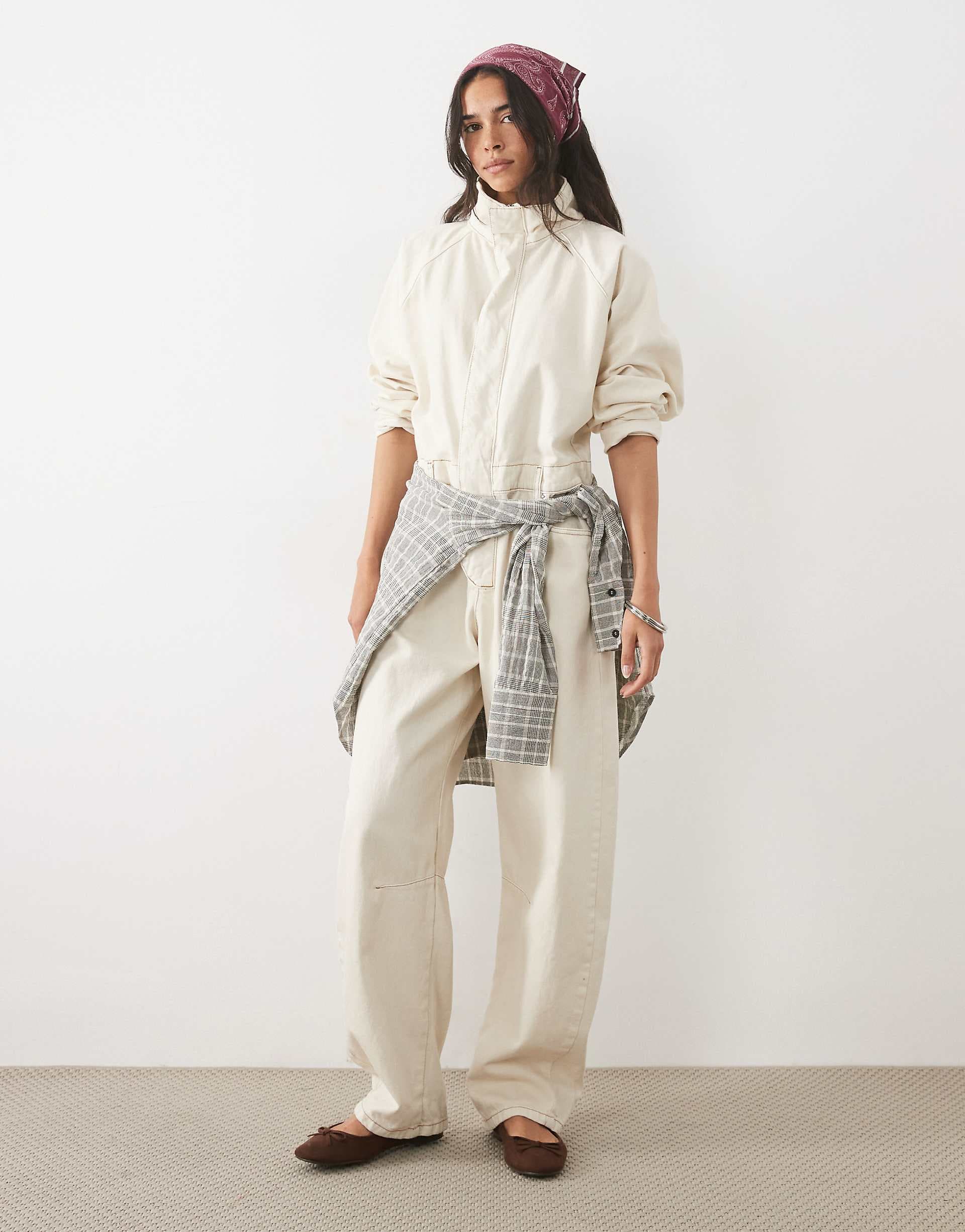ASOS DESIGN denim funnel neck jumpsuit in ecru