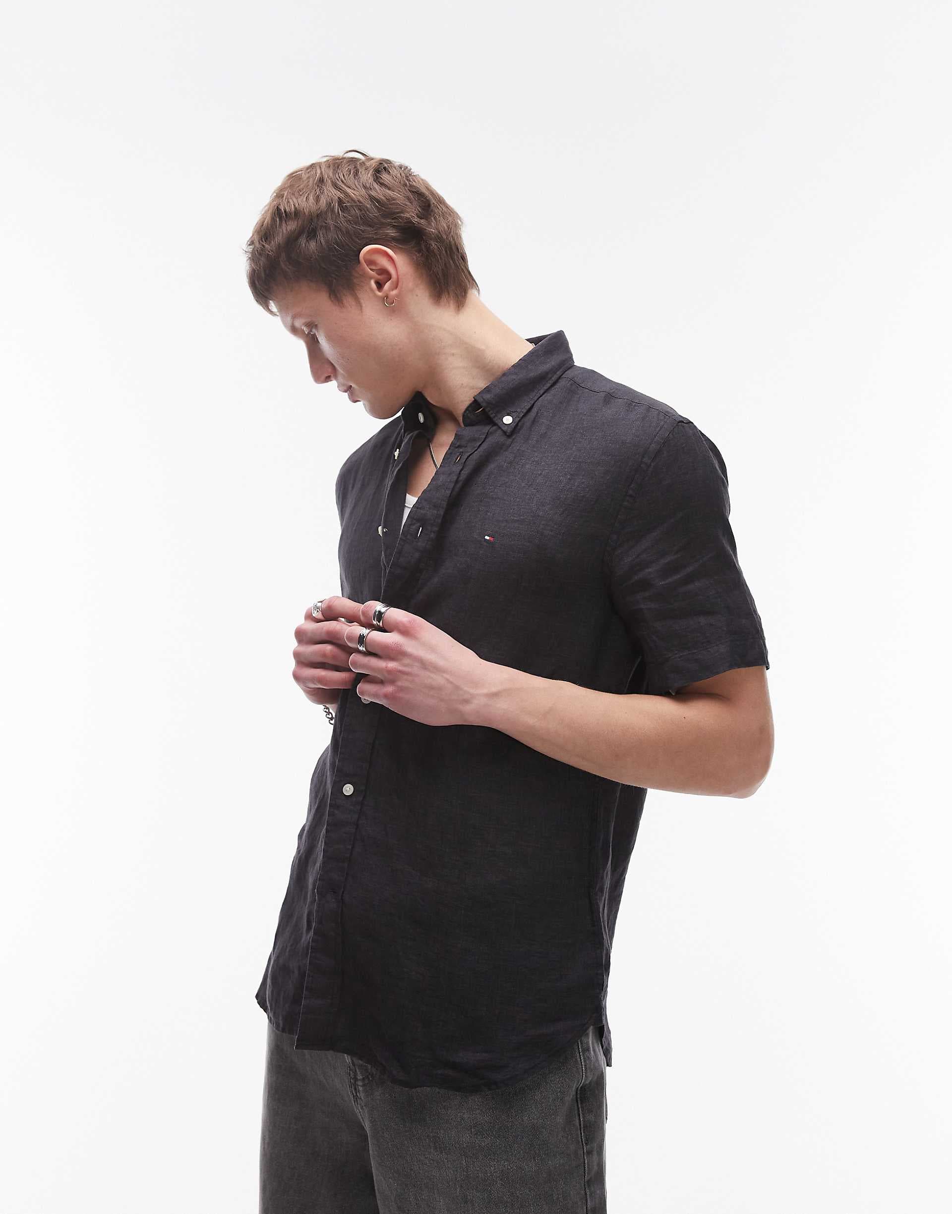 Tommy Hilfiger linen short sleeve shirt in black