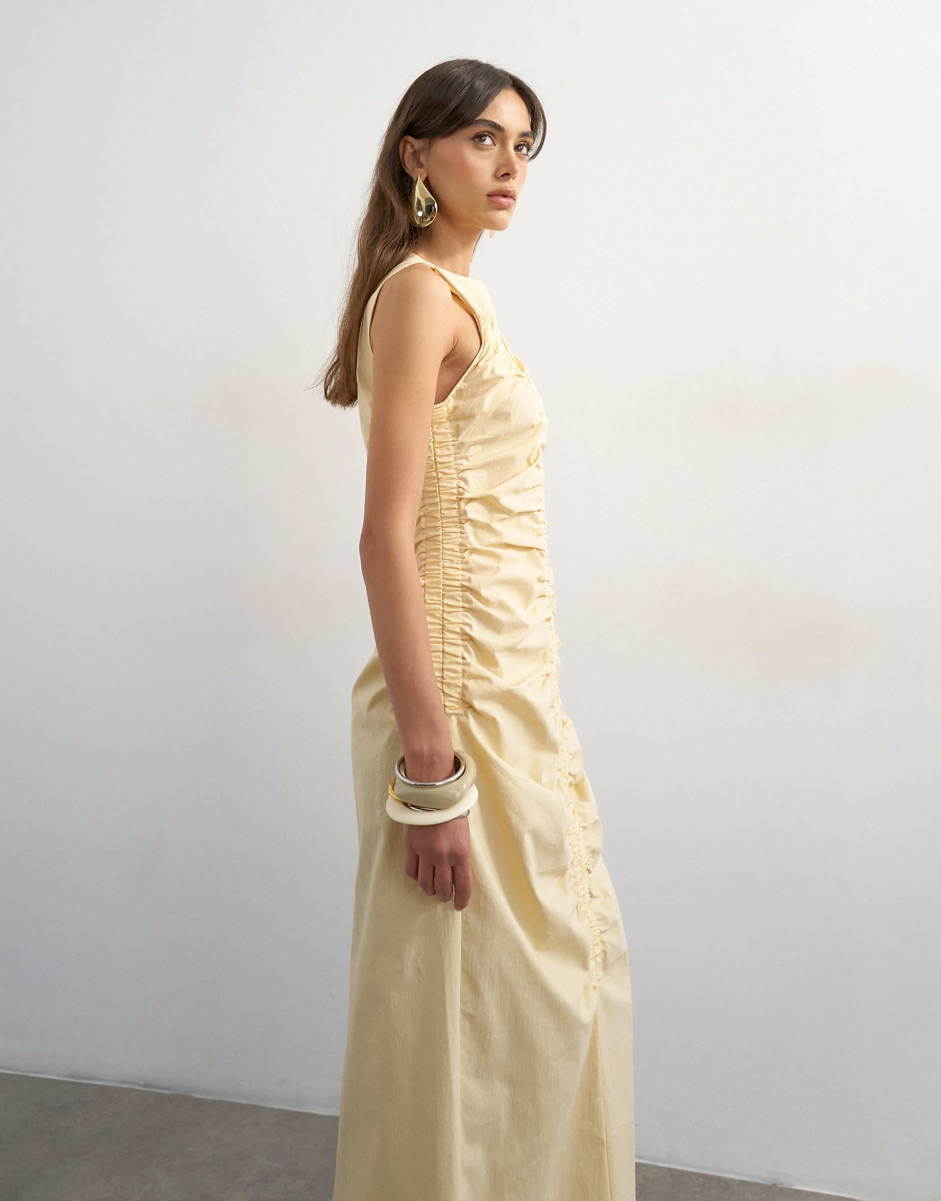 Topshop ruched sleeveless midi dress in buttermilk