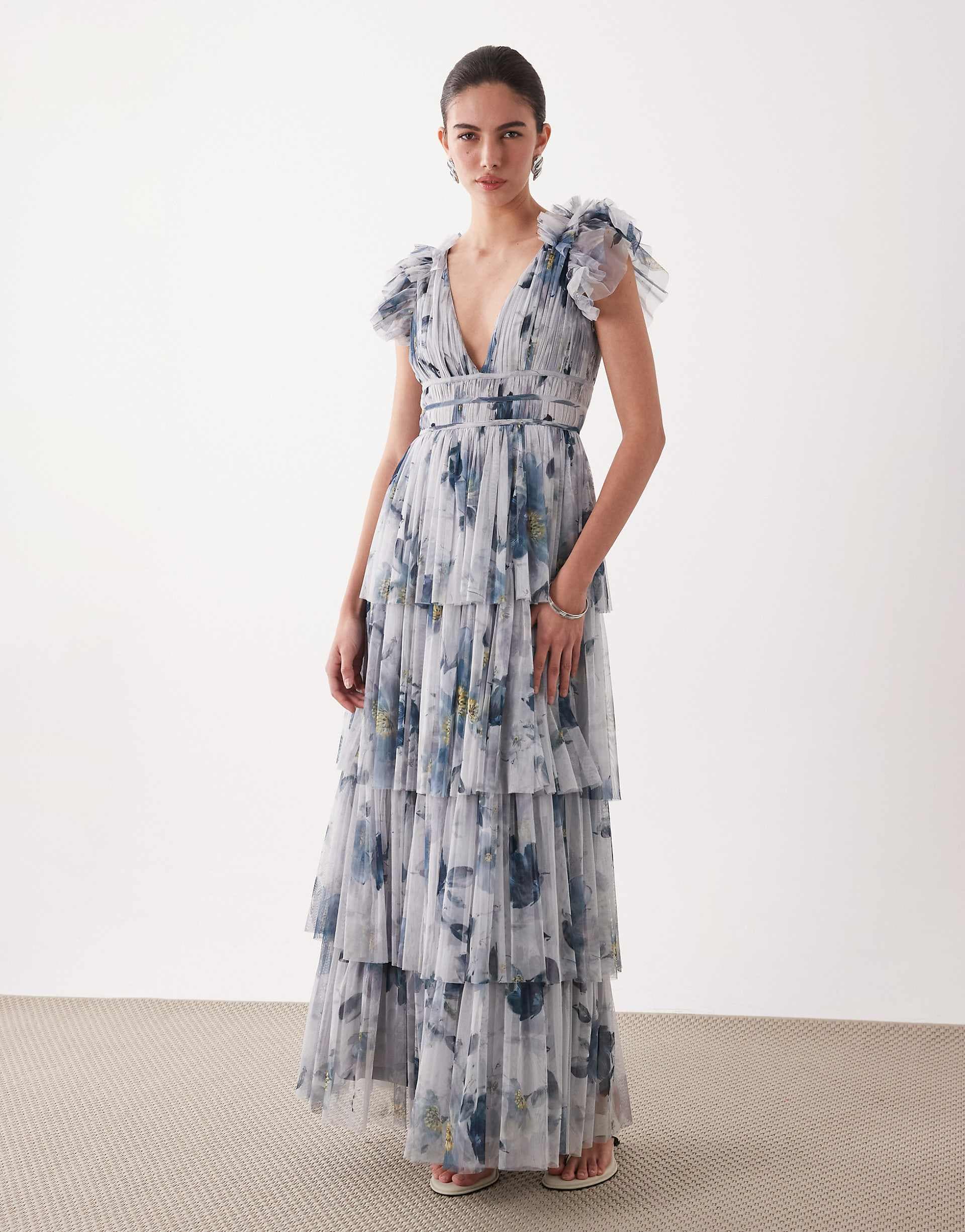Lace & Beads ruffle shoulders tiered tulle maxi dress in gray floral print