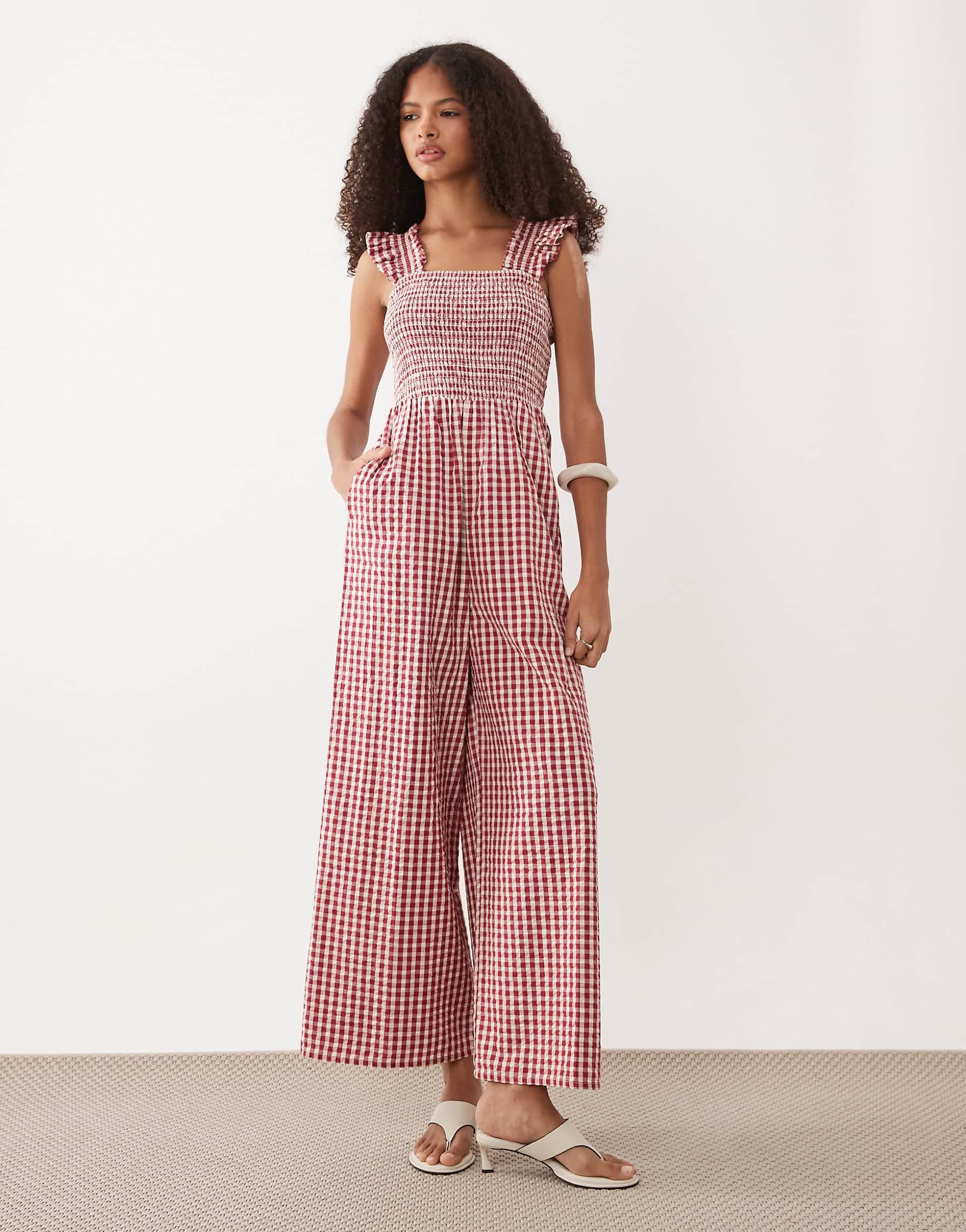 Nobody's Child Maya cotton square neck jumpsuit in red gingham