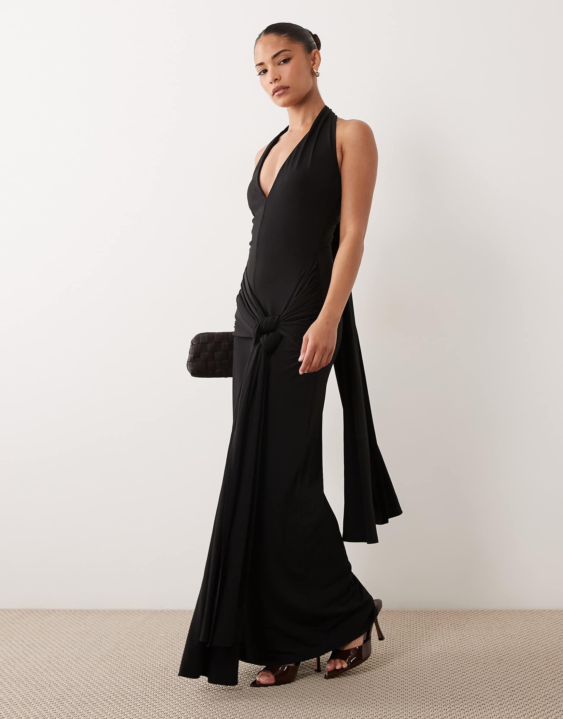 TFNC Petite slinky halterneck plunge maxi dress in black
