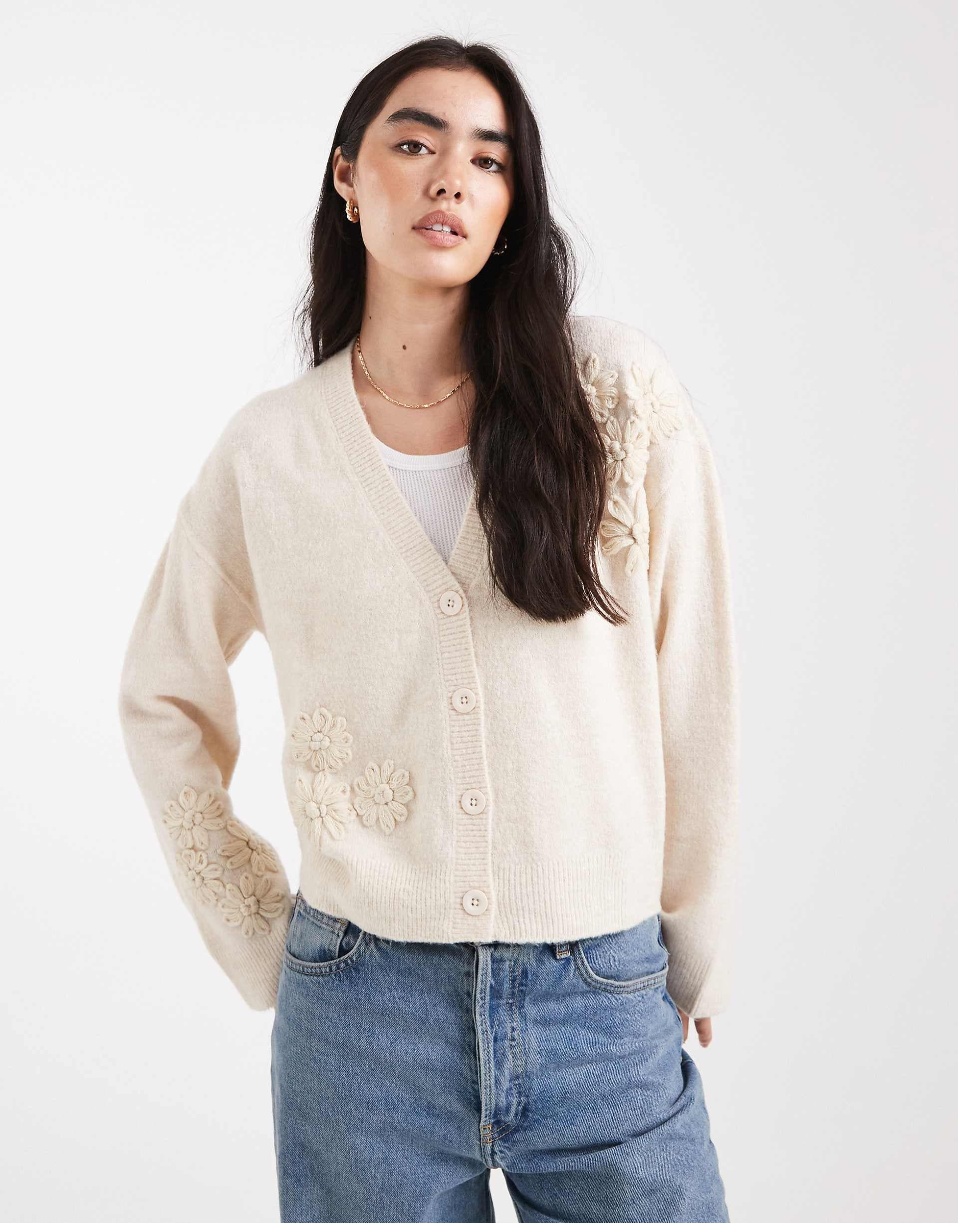 Brave Soul v neck cardigan with flower embroidery detail in stone