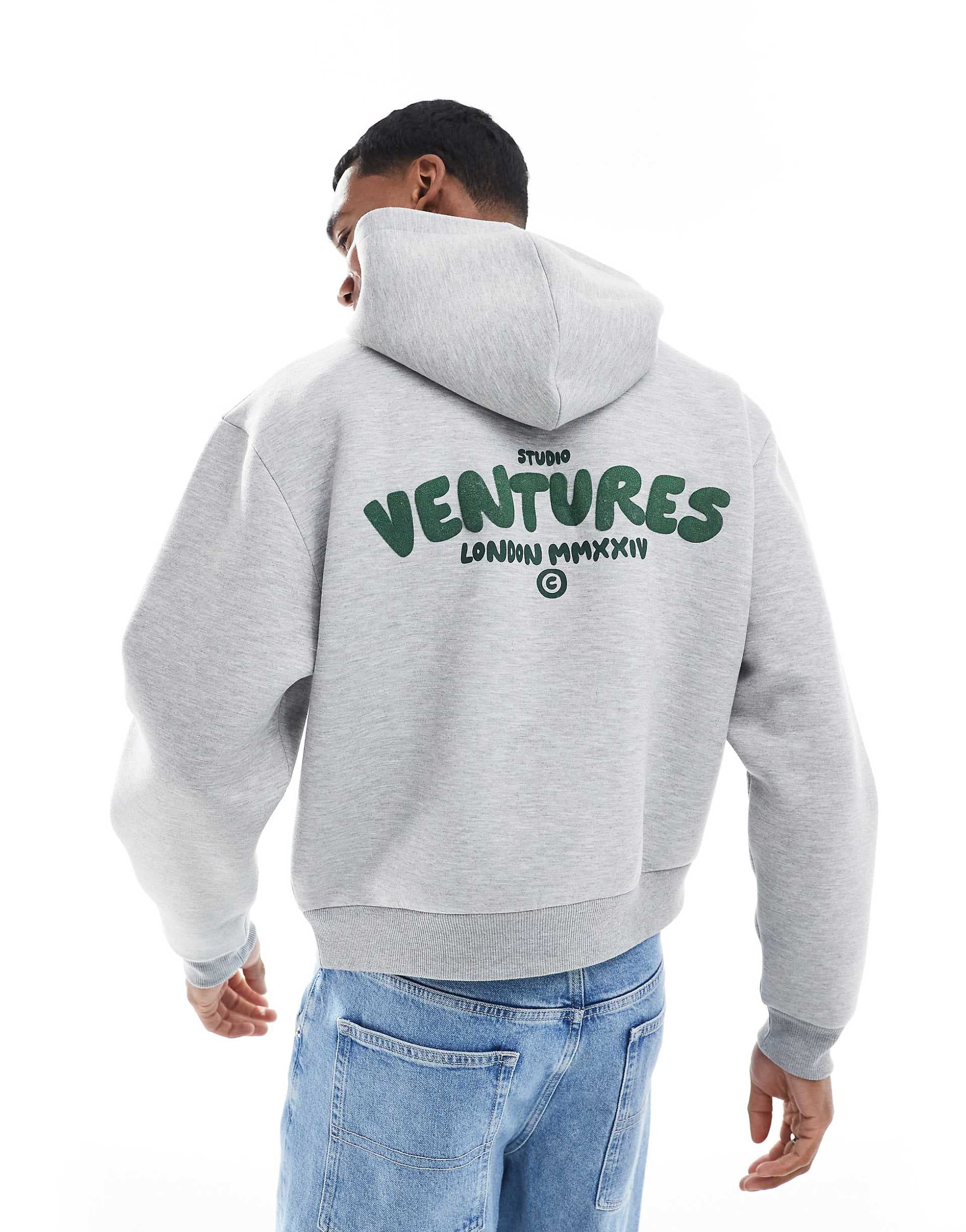 ASOS DESIGN oversized boxy scuba-style fabric hoodie with text graphic in gray