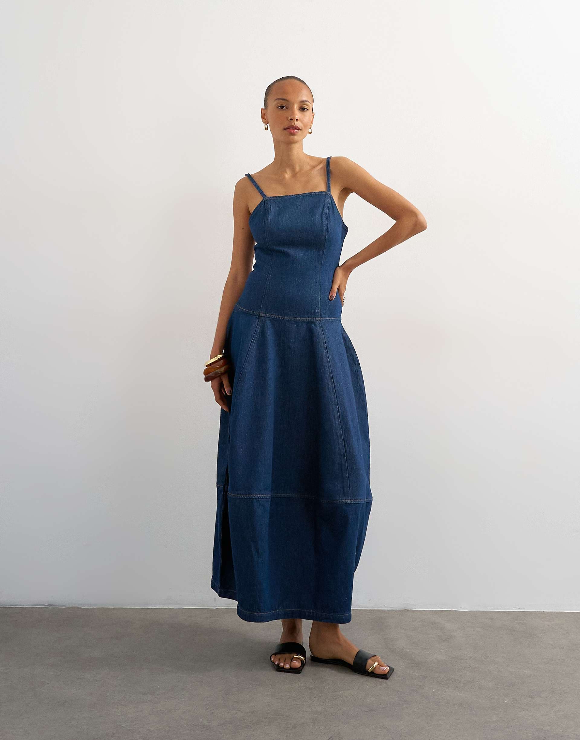 Topshop denim barrel maxi dress in indigo rinse