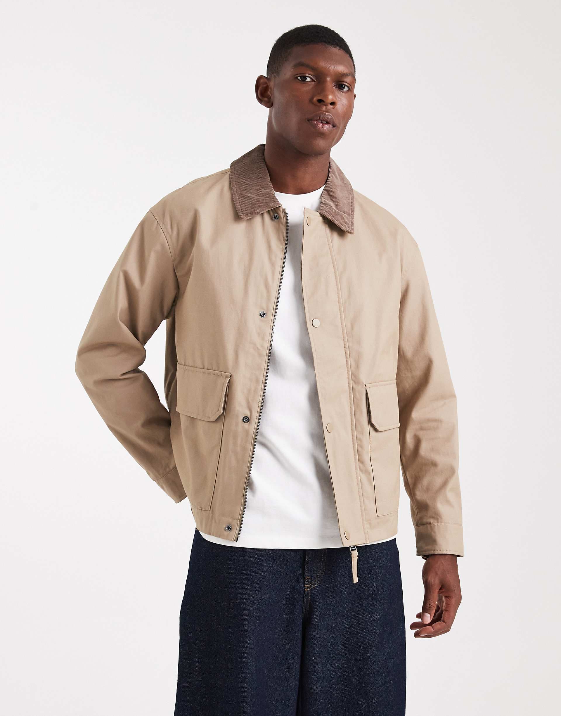 Jack & Jones worker jacket with corduroy collar in beige