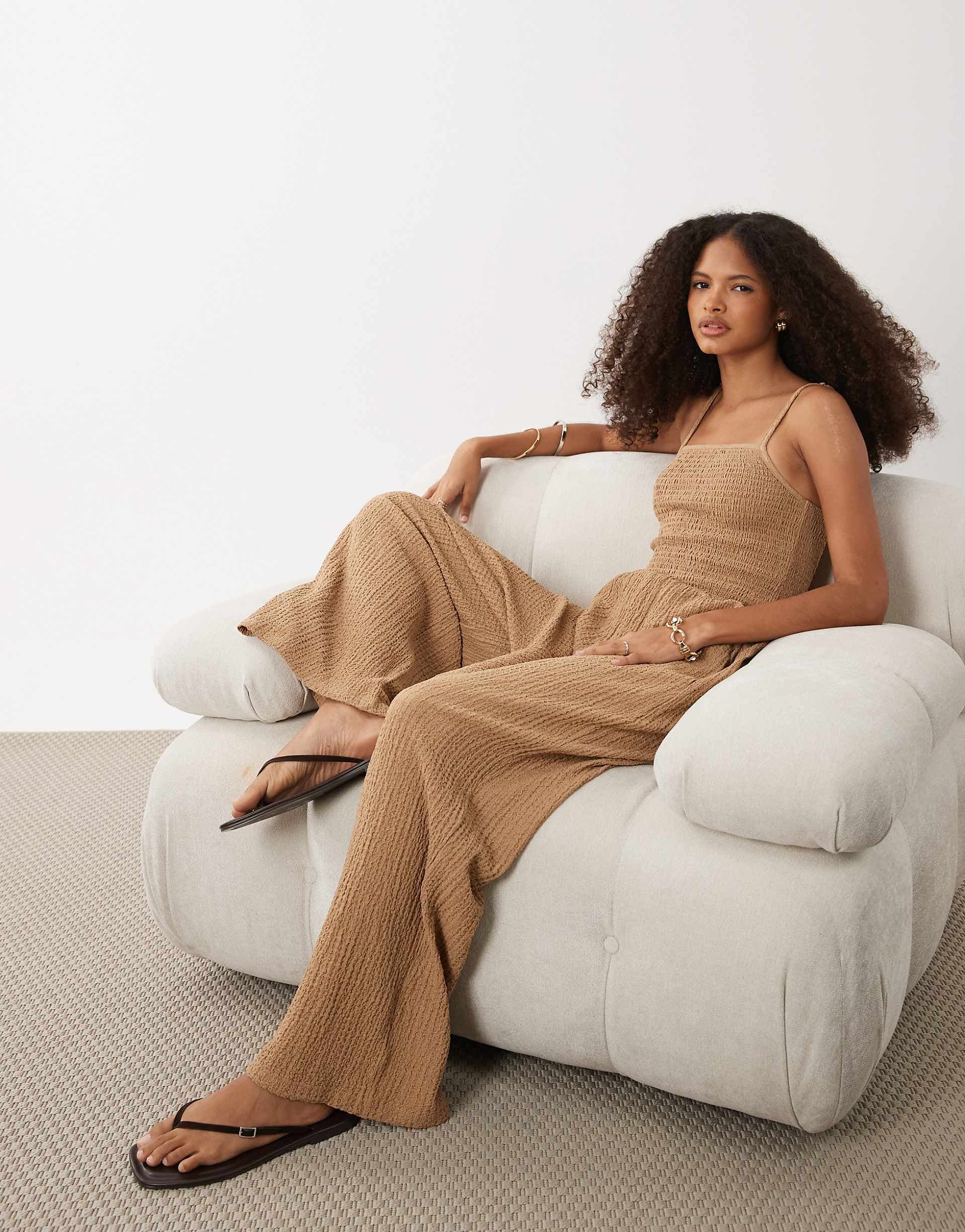 Brave Soul textured jersey jumpsuit with shirred bodice in taupe