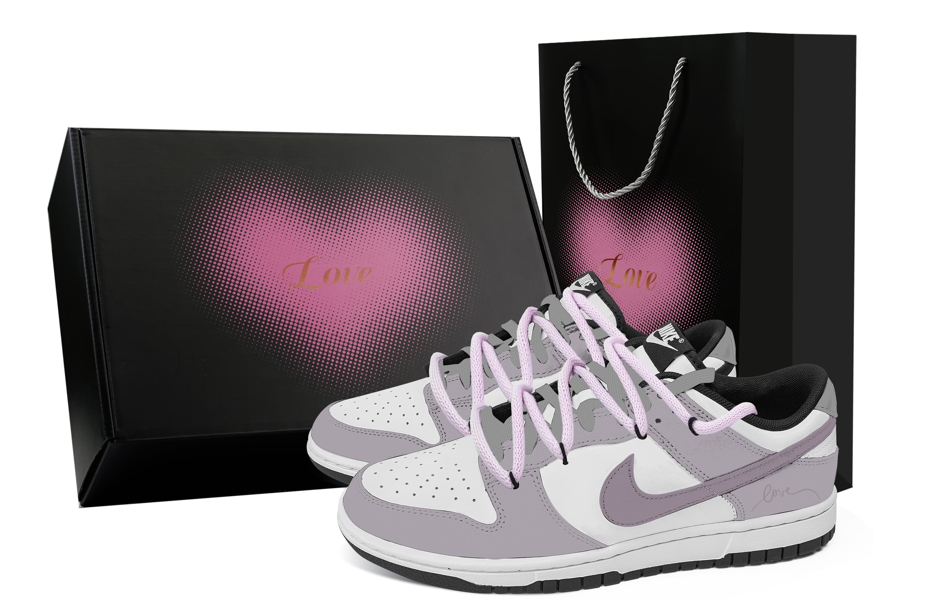 Custom Sneakers Nike Dunk Love Letter Heart Box English Hand-Drawn Couple Fresh Versatile Wear-Resistant Low-Top Skate Shoes Unisex Purple White