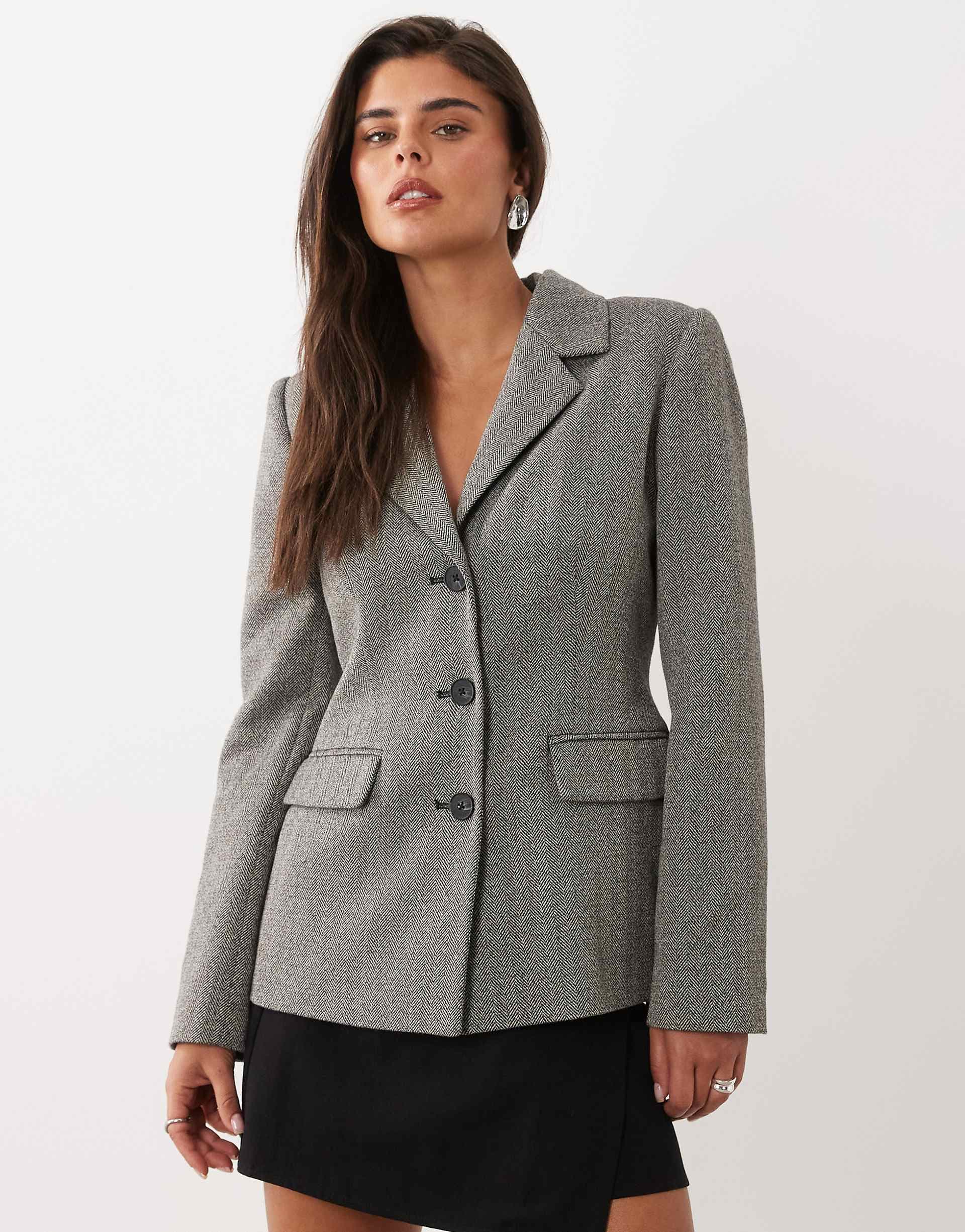 Nobody's Child herringbone padded shoulder cinched waist blazer in gray