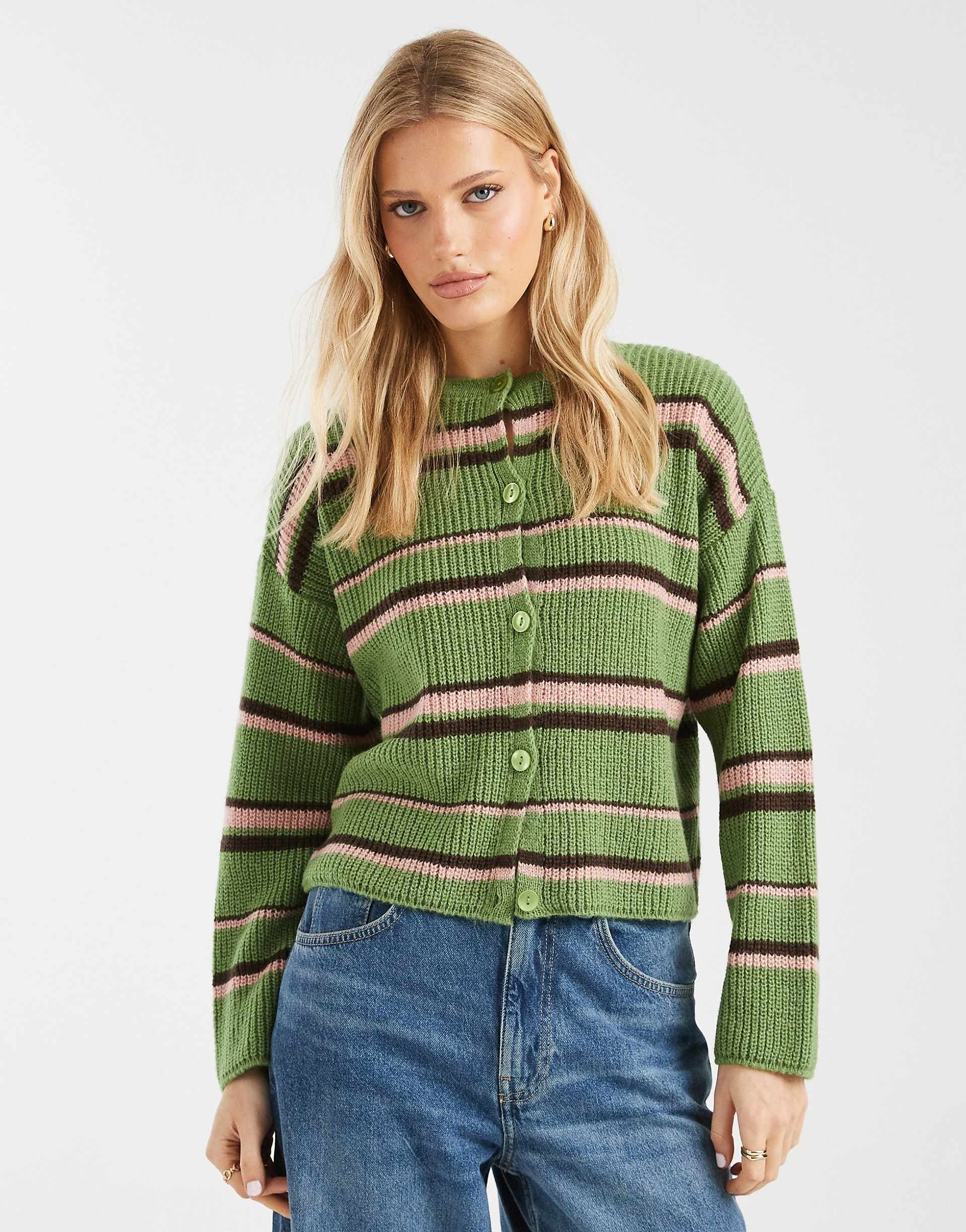Miss Selfridge striped cardigan in green