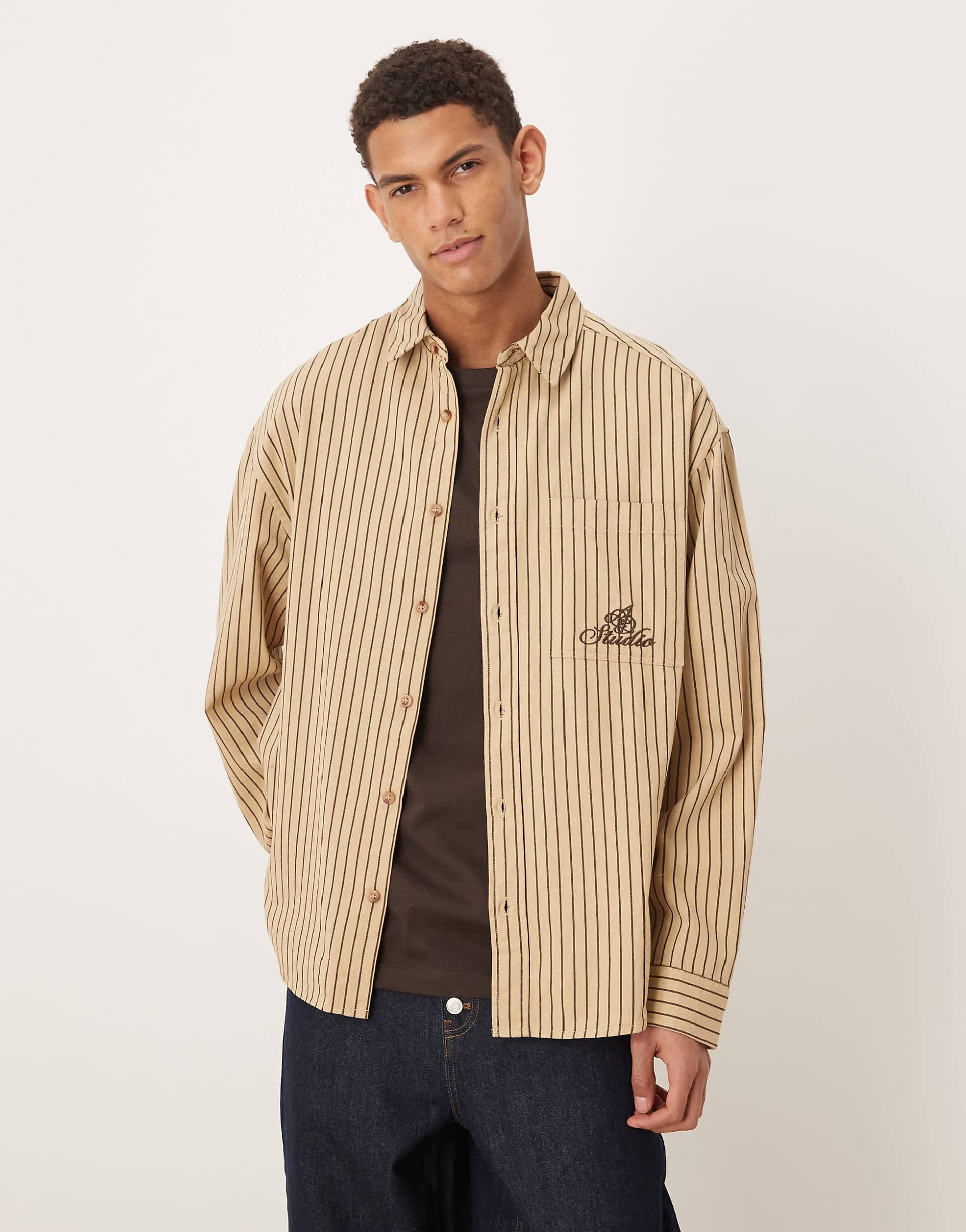 ASOS DESIGN oversized striped shirt with chest embroidery in beige