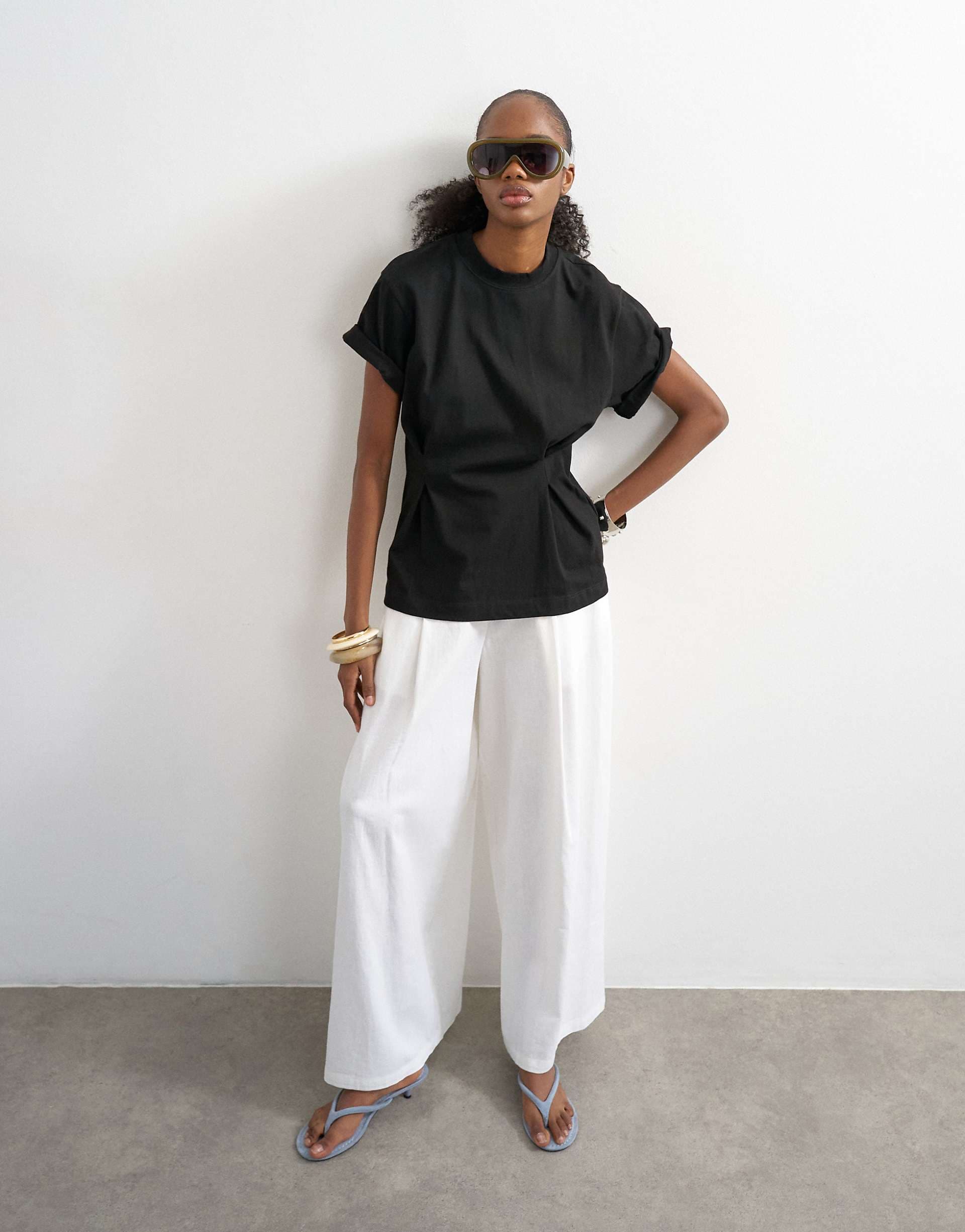 Topshop roll sleeve cinch tee in black