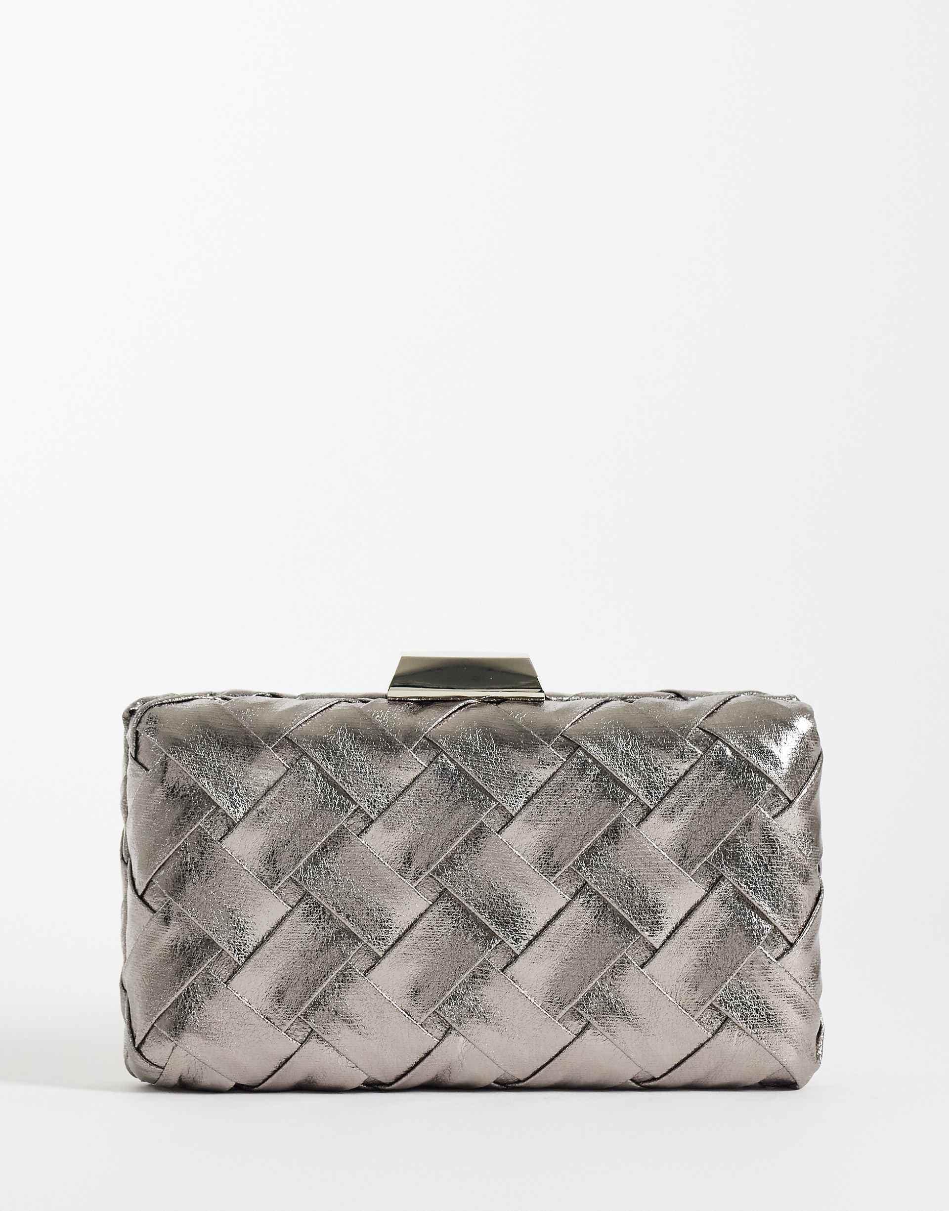 True Decadence structured woven clutch purse in silver-tone metallic