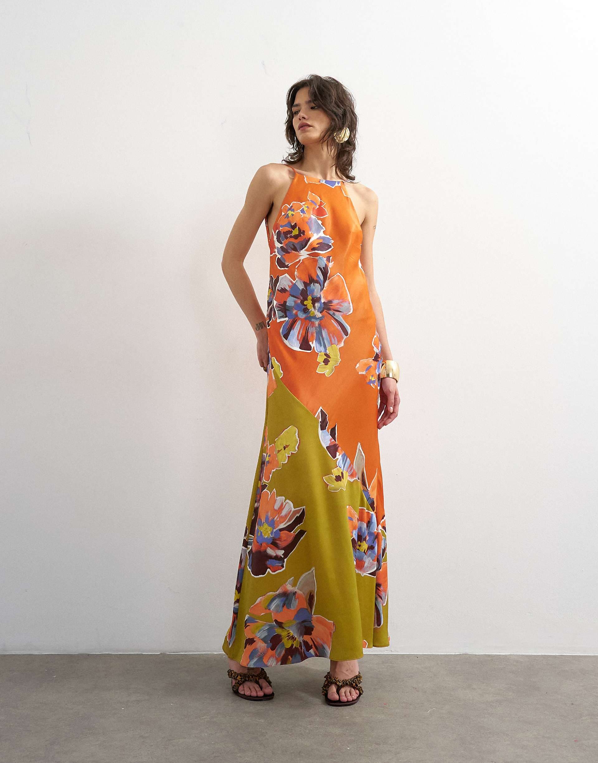 Topshop bias cut halter neck open scoop back satin maxi dress in bold contrast floral