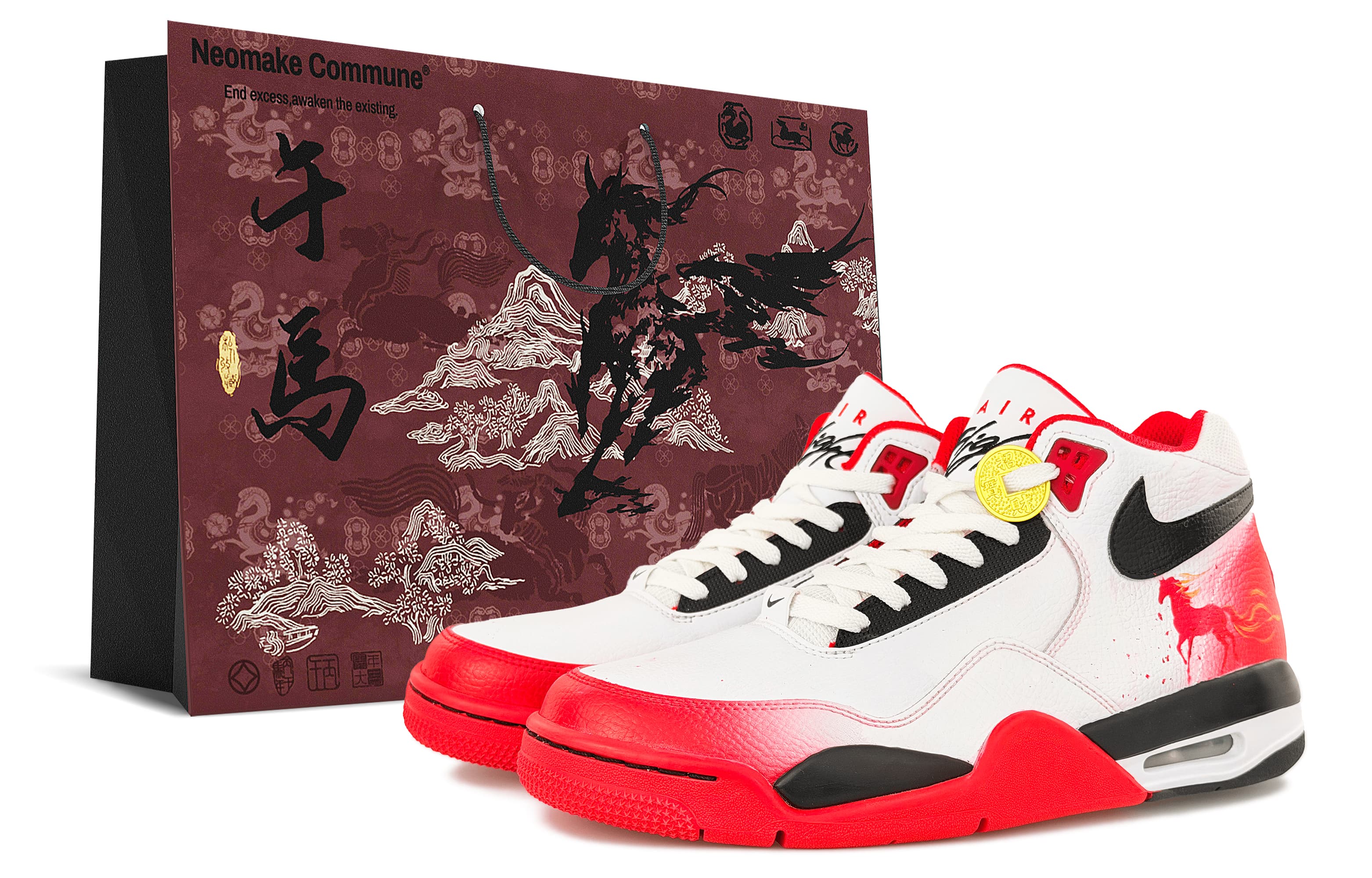 Custom Sneakers: Nike Flight Legacy Dragon Horse Spirit 2.0 Gift Bag Style Spring Summer Vibe Versatile Student New Chinese Style CNY Year of the Horse Mid-Top Retro Basketball Shoes Unisex White Red