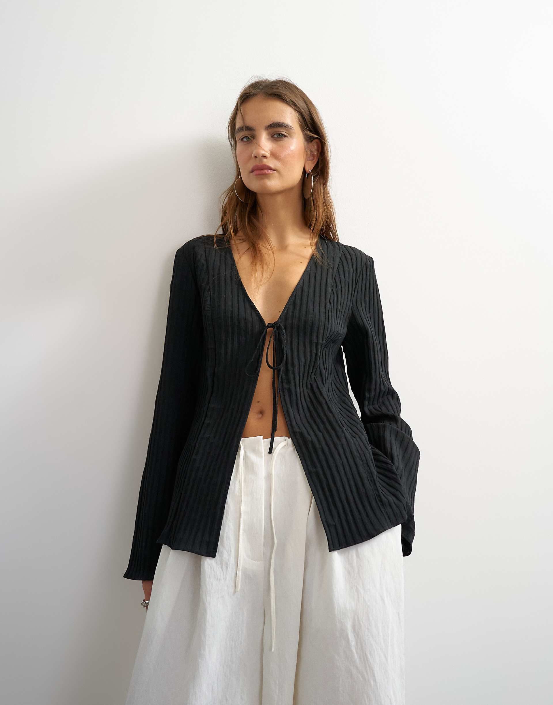 Topshop tie detail blouse in black