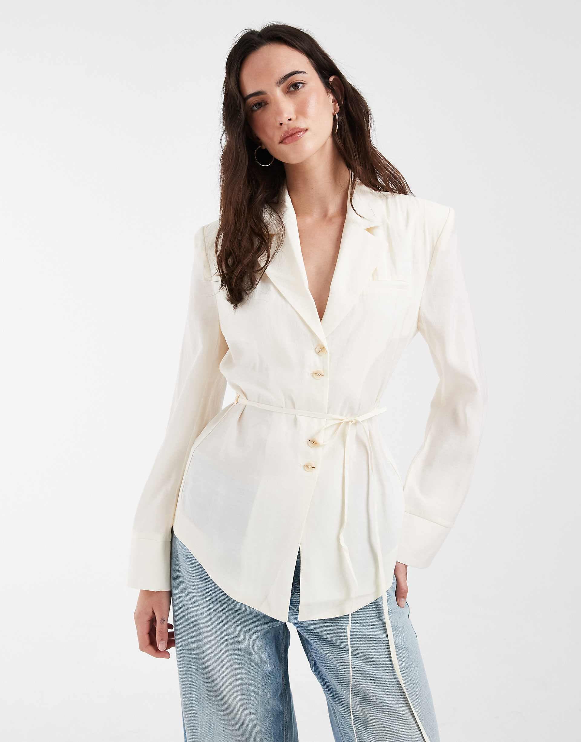 ASOS DESIGN shoulder pad tie waist soft blazer in cream