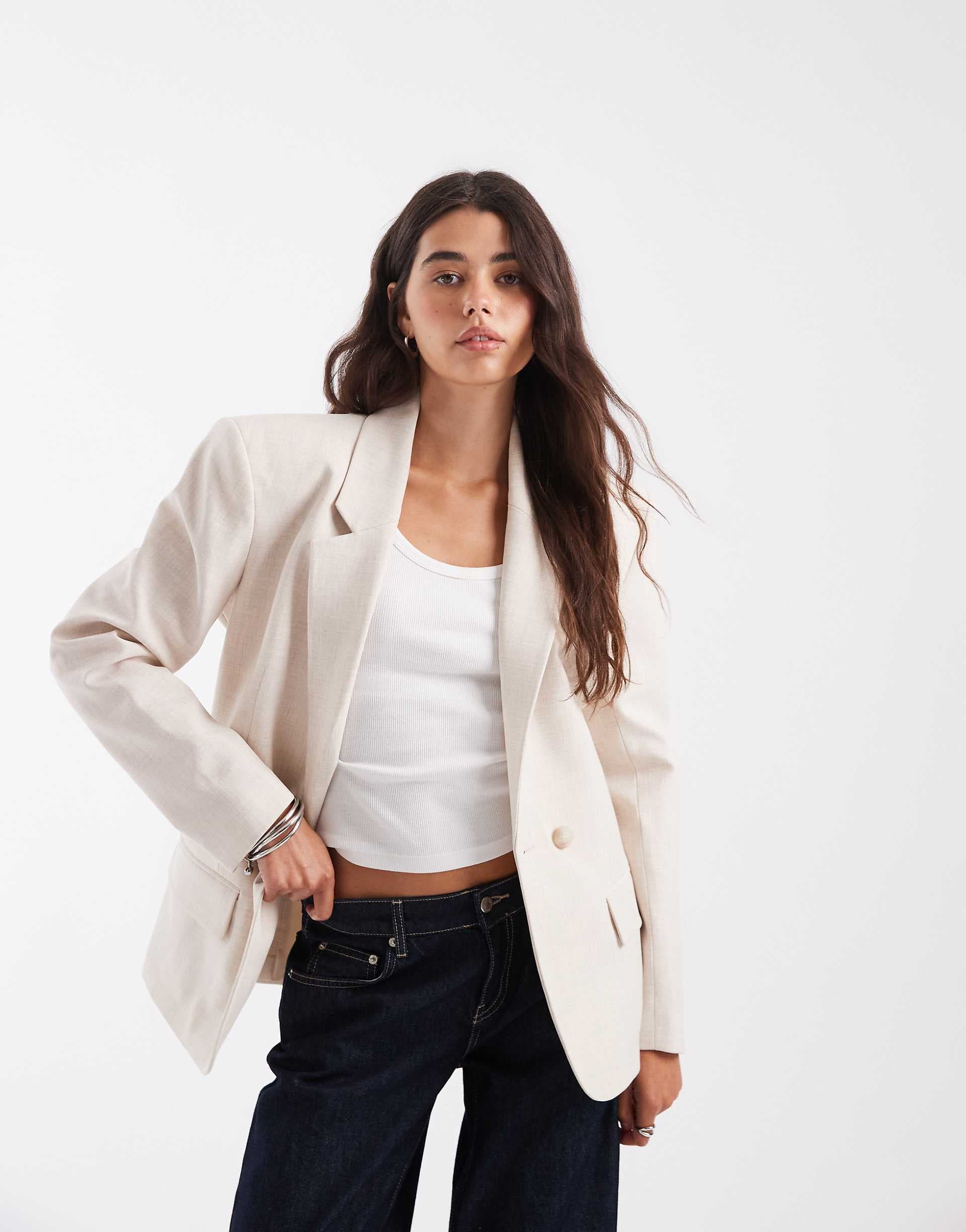 ASOS DESIGN Tailored strong shoulder nipped waist blazer in taupe heather