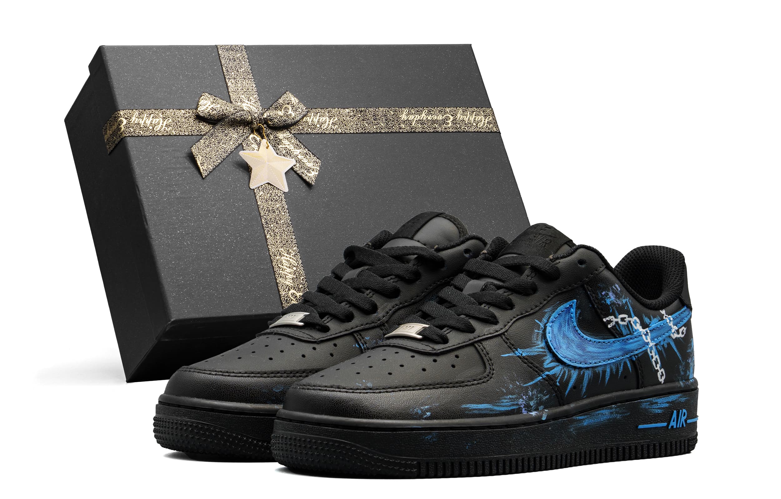 Custom Nike Air Force 1 Leather 'Blue Enchantress' Gift Box Cushioned Wear-Resistant Low-Top Skate Shoes Unisex Black