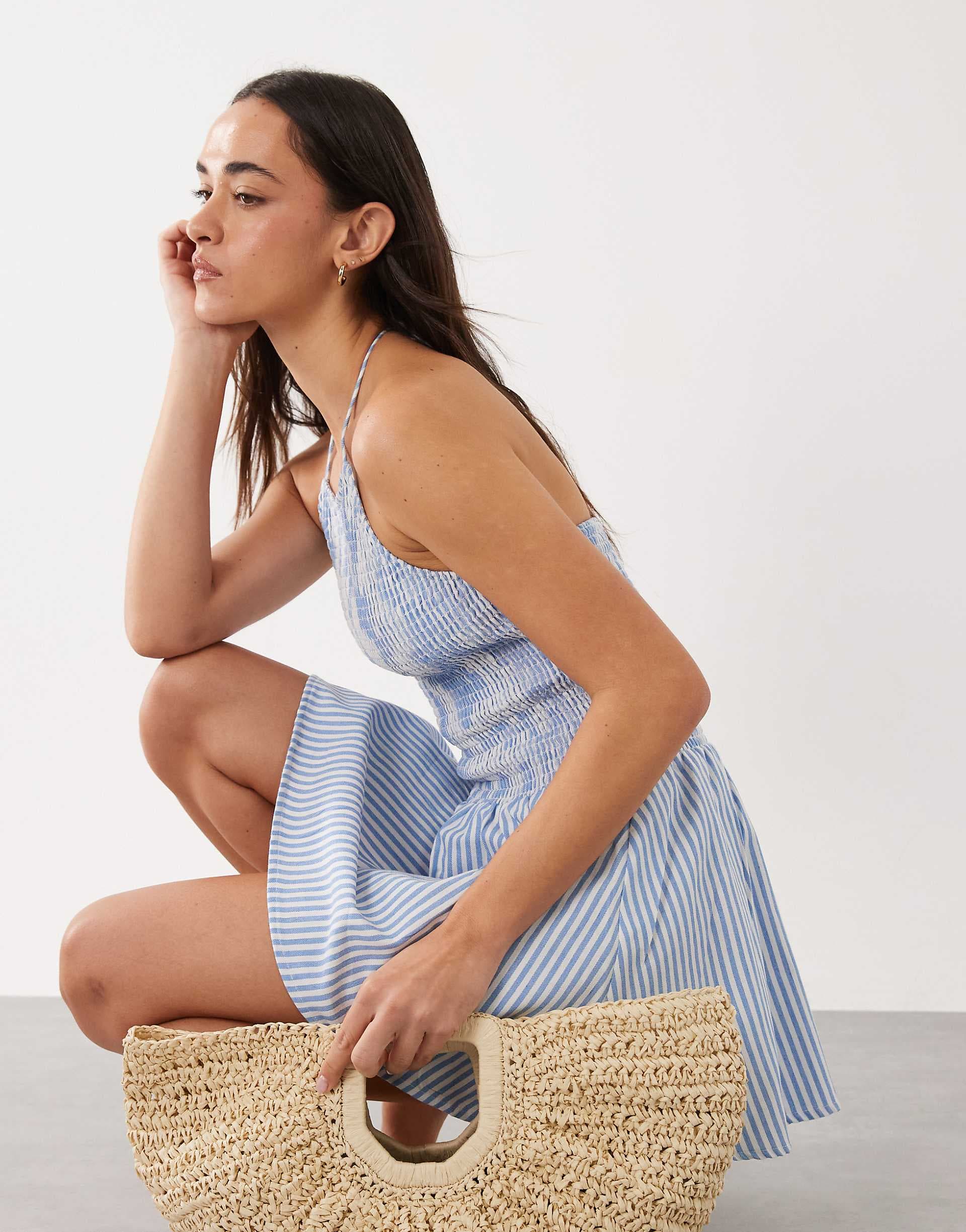Esmée halter mini beach dress in blue & white stripes