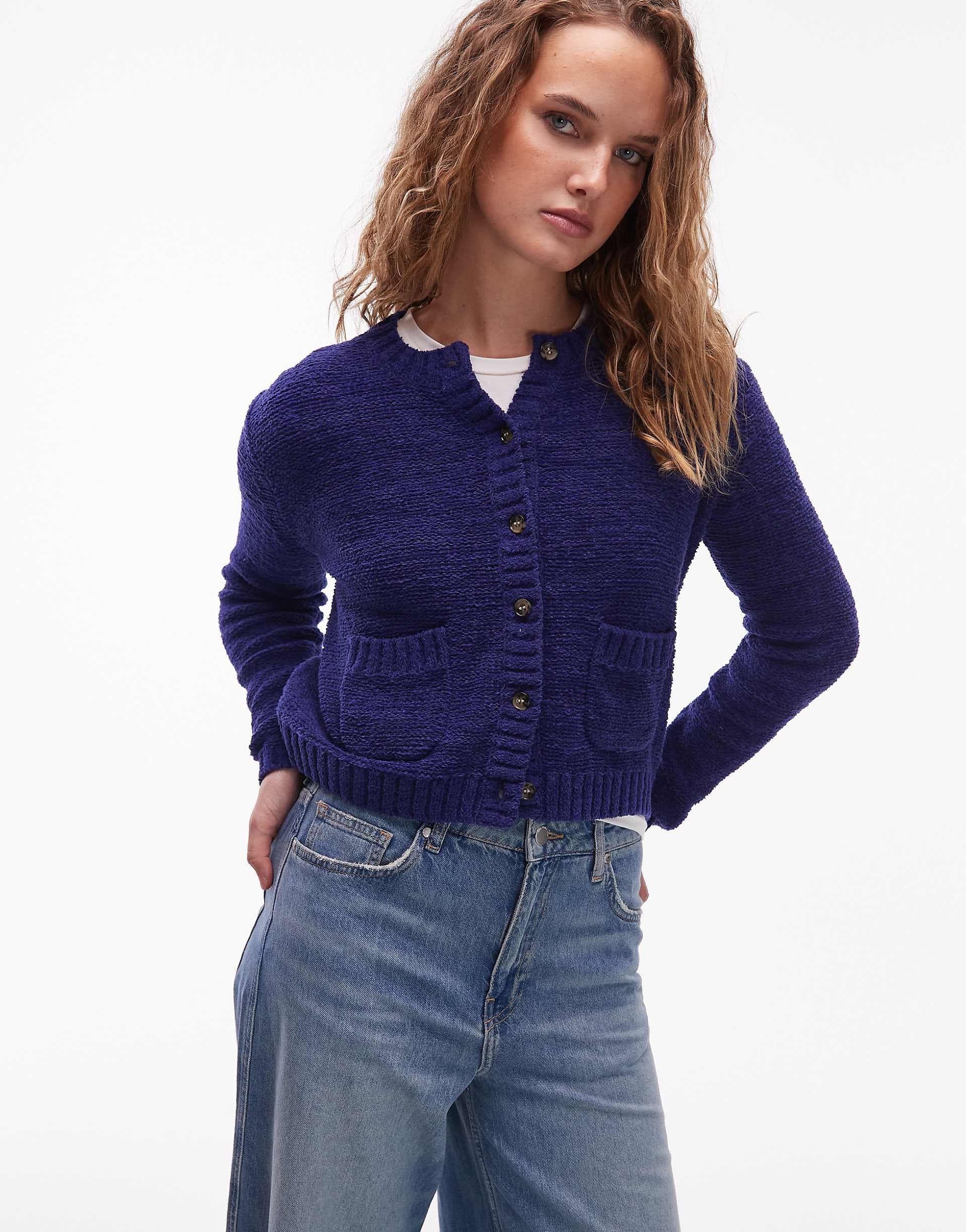 ARKET cotton rich crew neck cardigan in navy