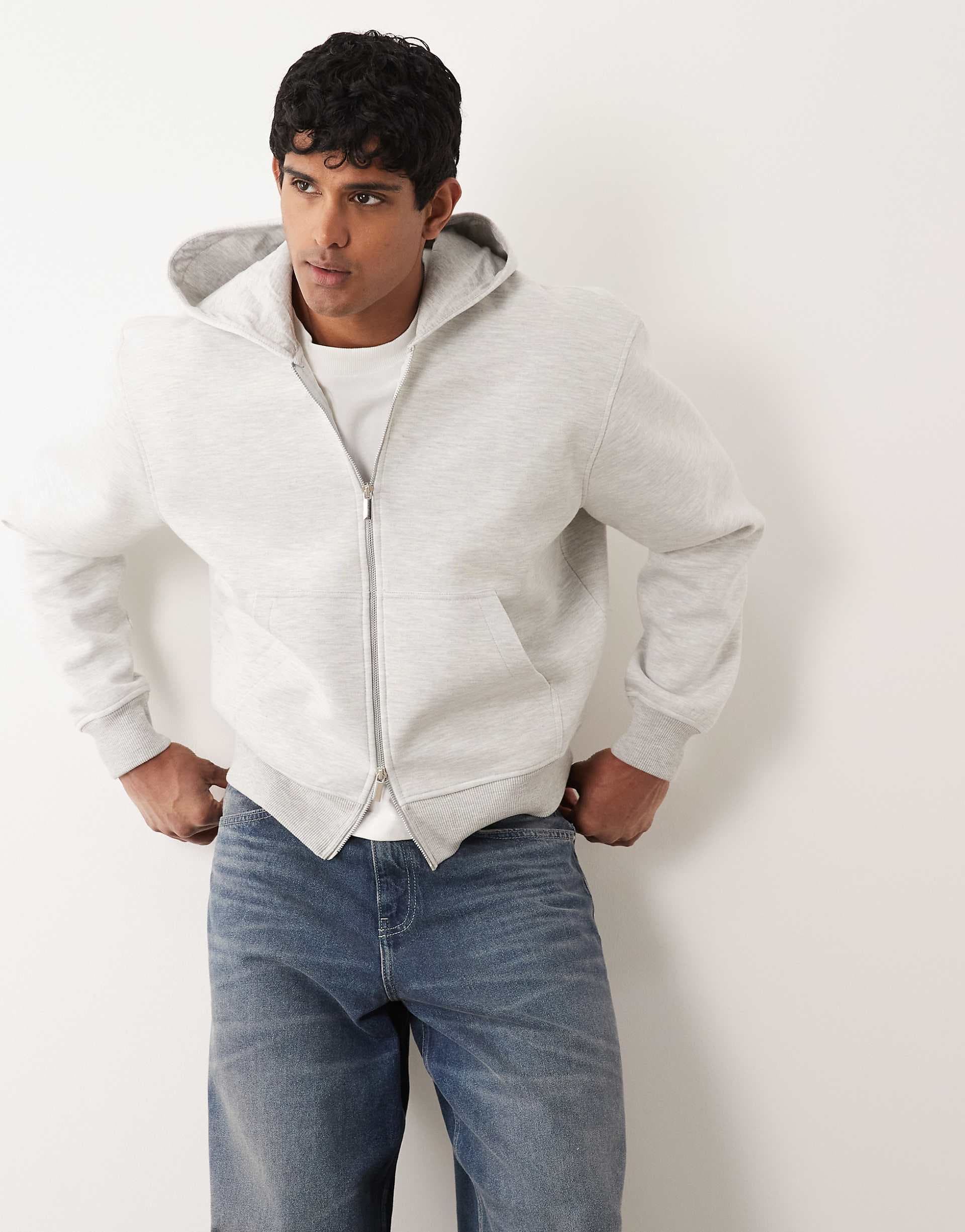 ASOS DESIGN heavyweight relaxed boxy zip up in scuba-style fabric in ice heather