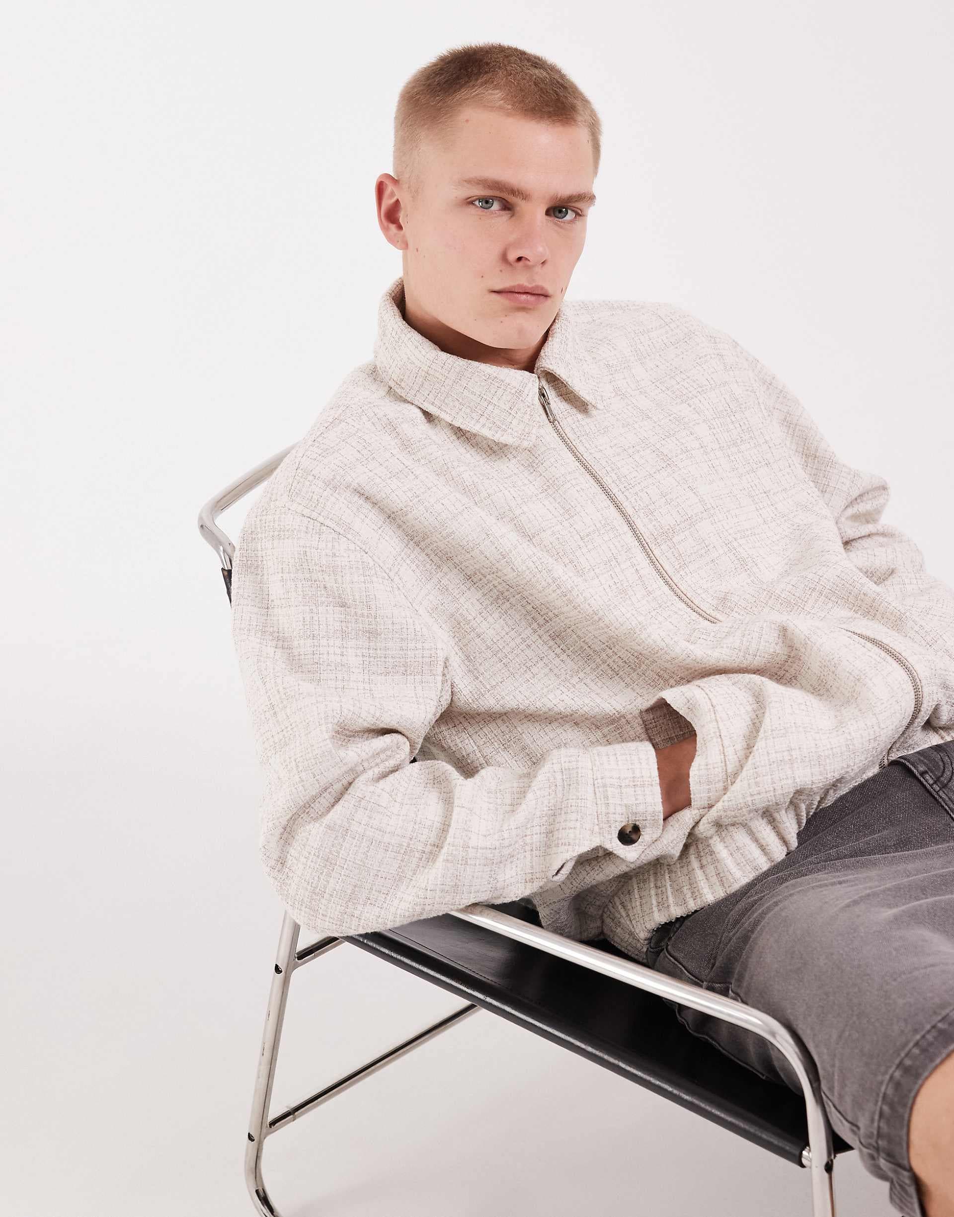 ASOS DESIGN textured checked harrington jacket in ecru