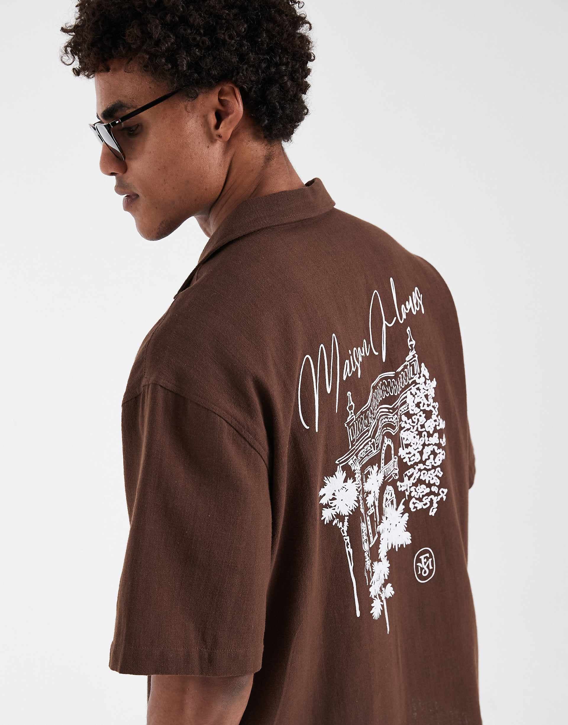 ASOS DESIGN oversized linen look shirt with back print in brown