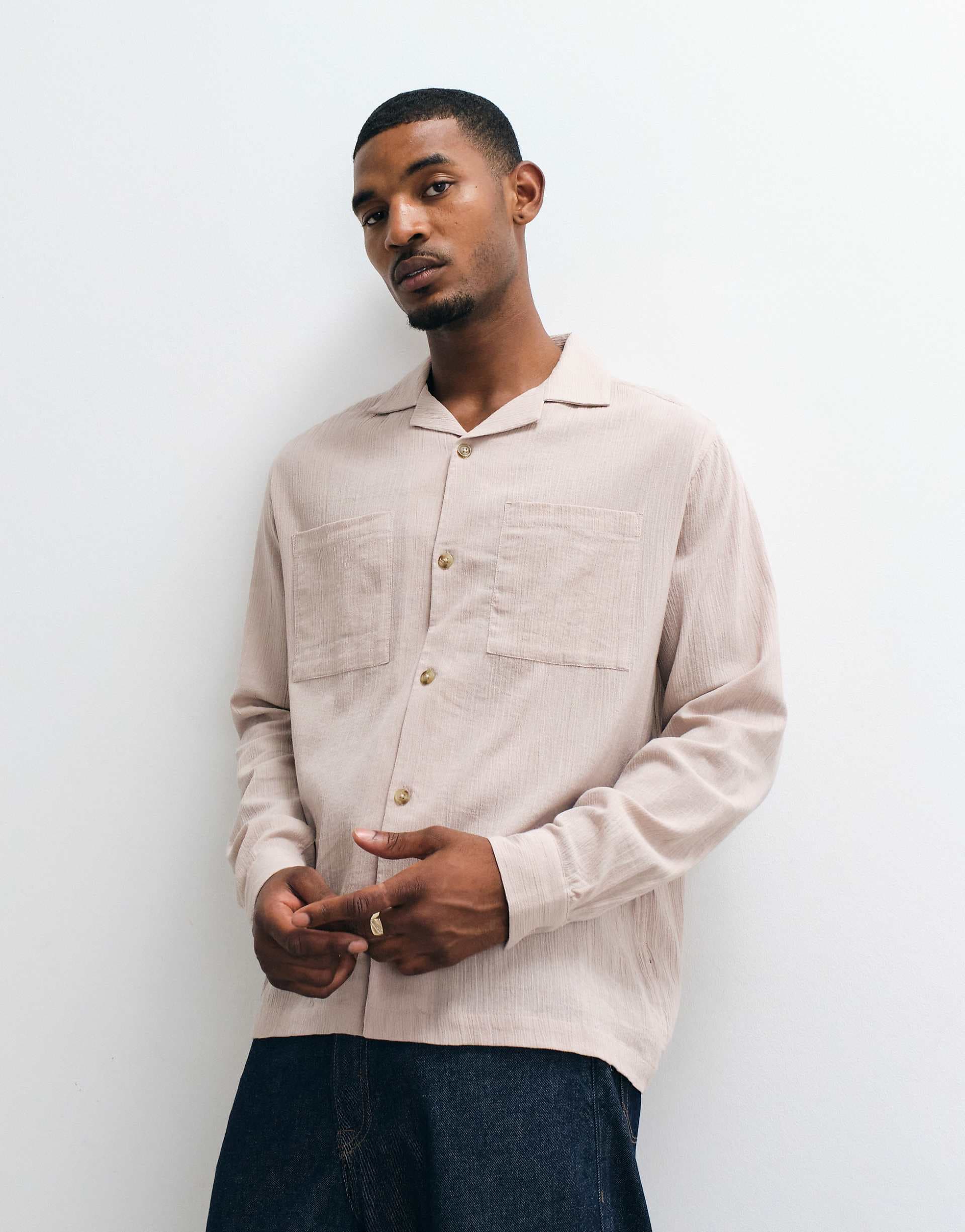 ASOS DESIGN relaxed camp collar crinkle textured shirt in beige
