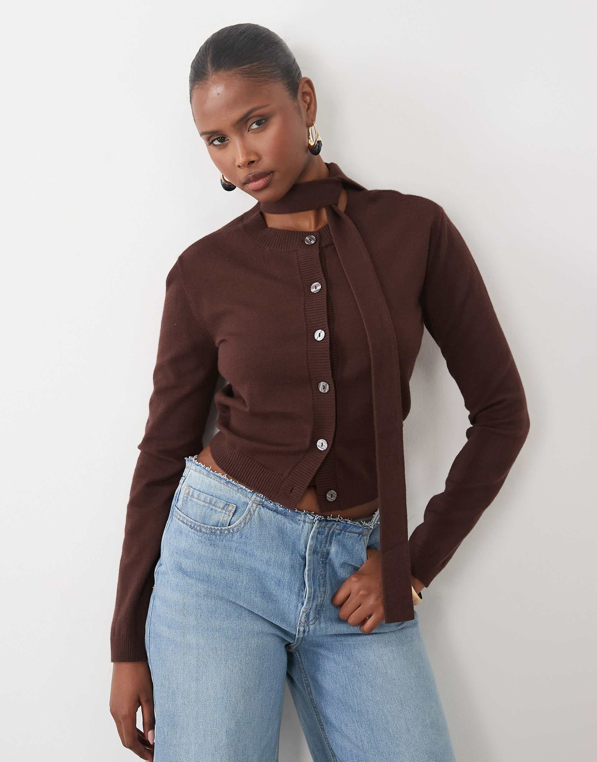 The Frolic exclusive scarf detail cardigan in chocolate