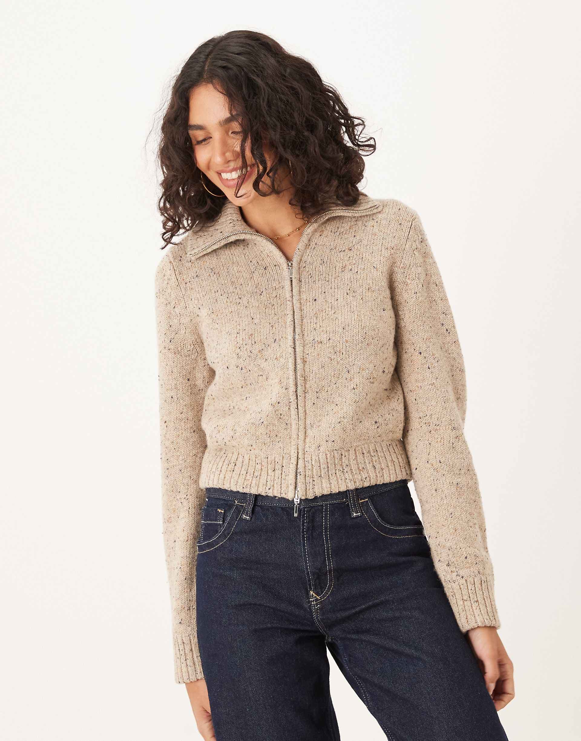 Abercrombie & Fitch double zip foldover collar cardigan in beige