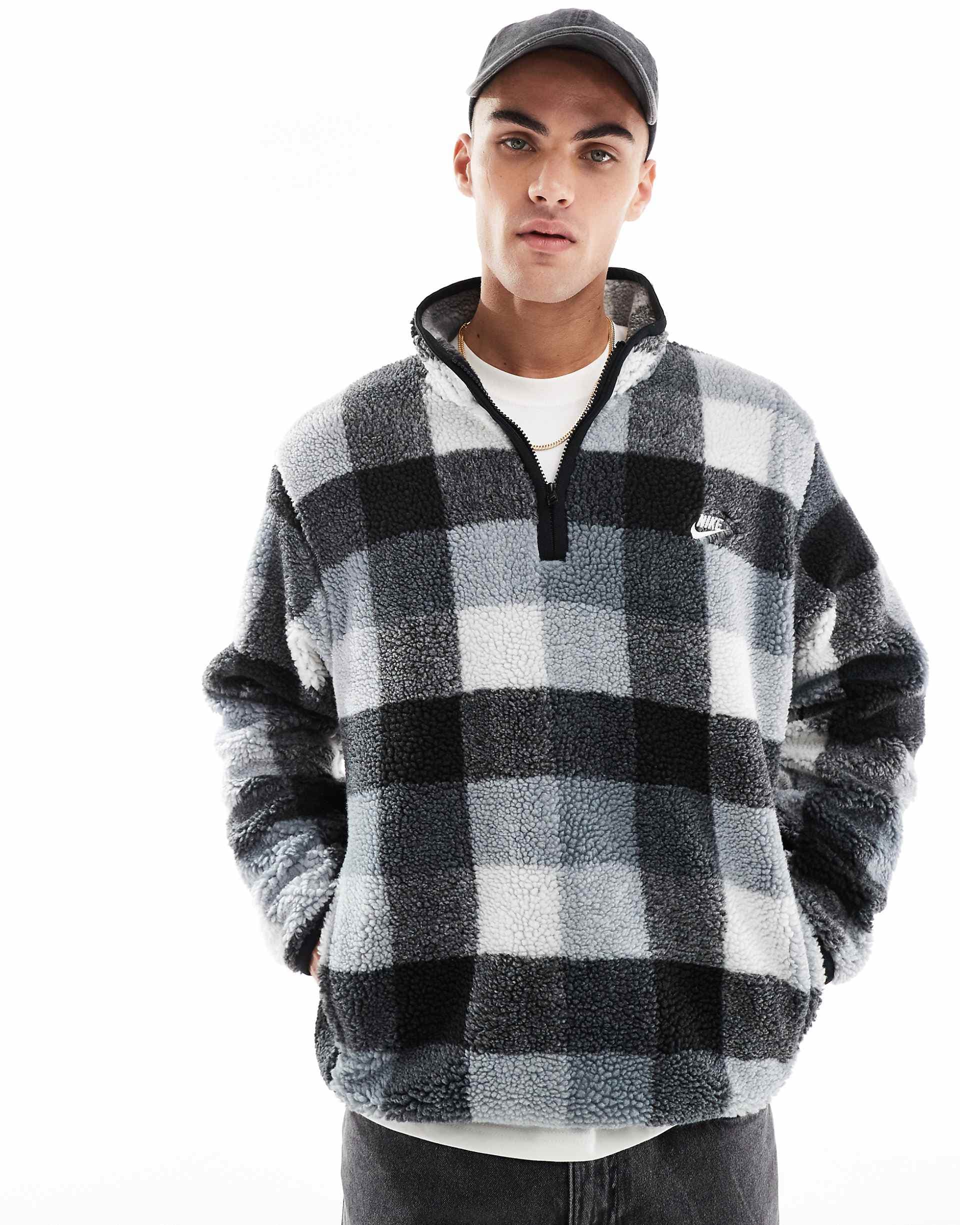 Nike Club winterized checked fleece in black and white