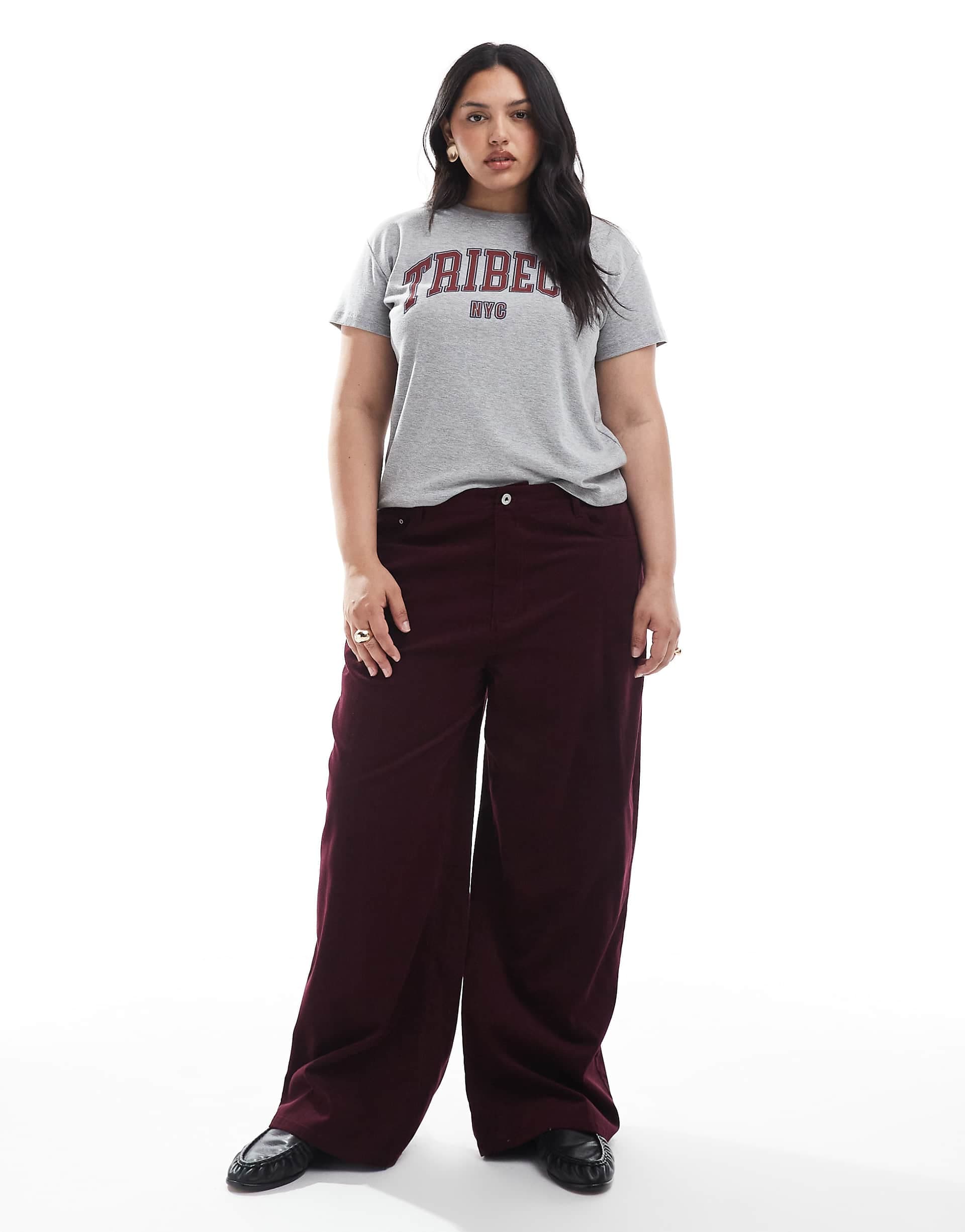 ASOS DESIGN Curve cord wide leg pants in burgundy pinstripe