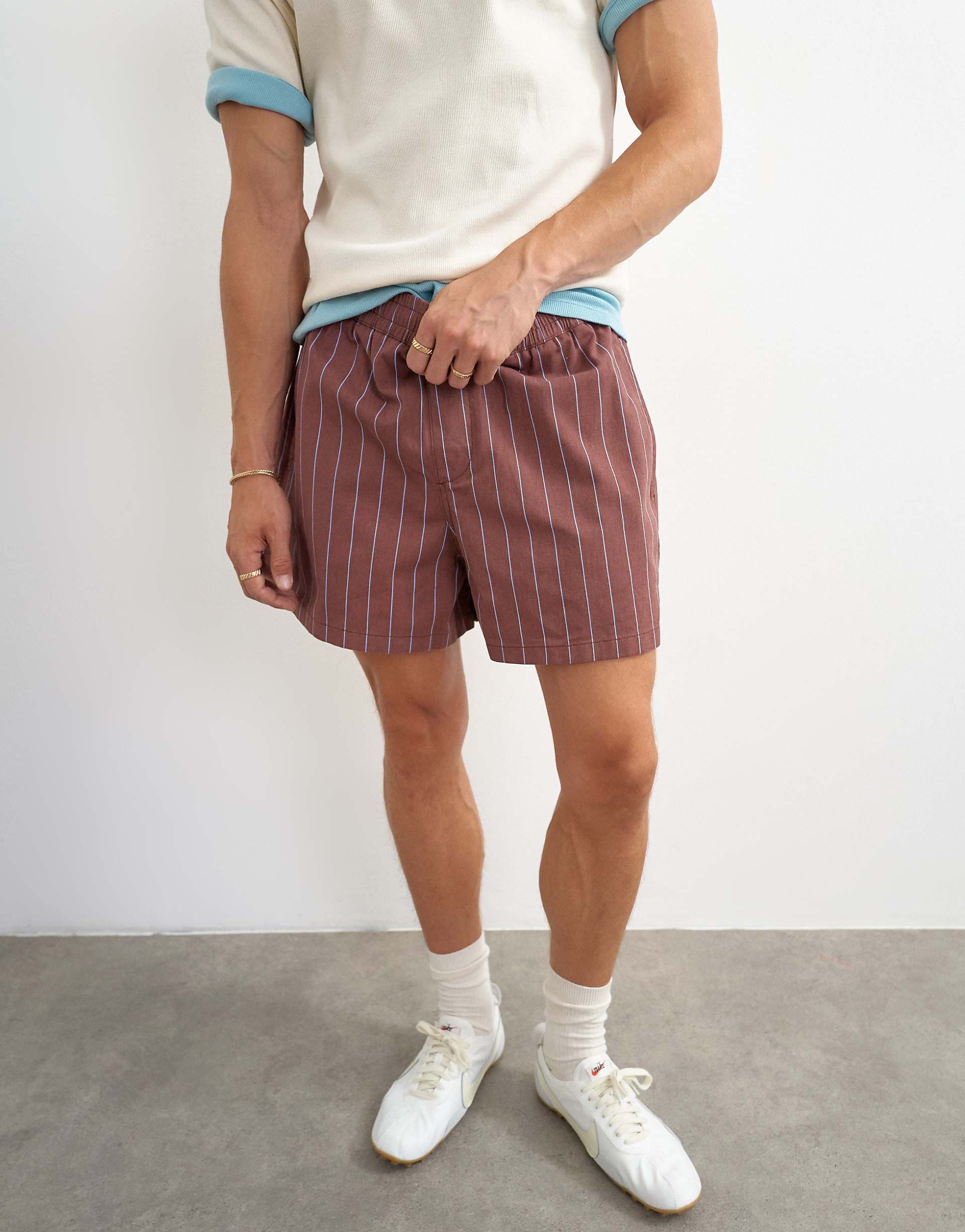 Topman micro fit striped shorts in brown