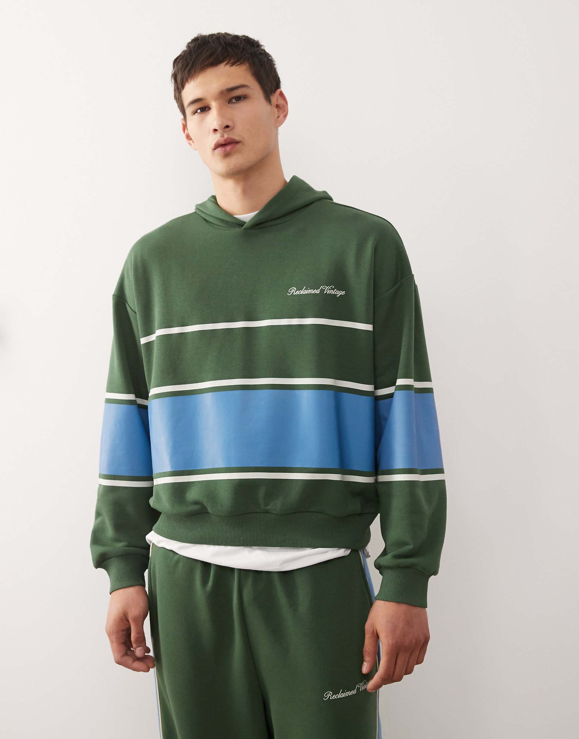 Reclaimed Vintage pullover hoodie with stripe in green - part of a set